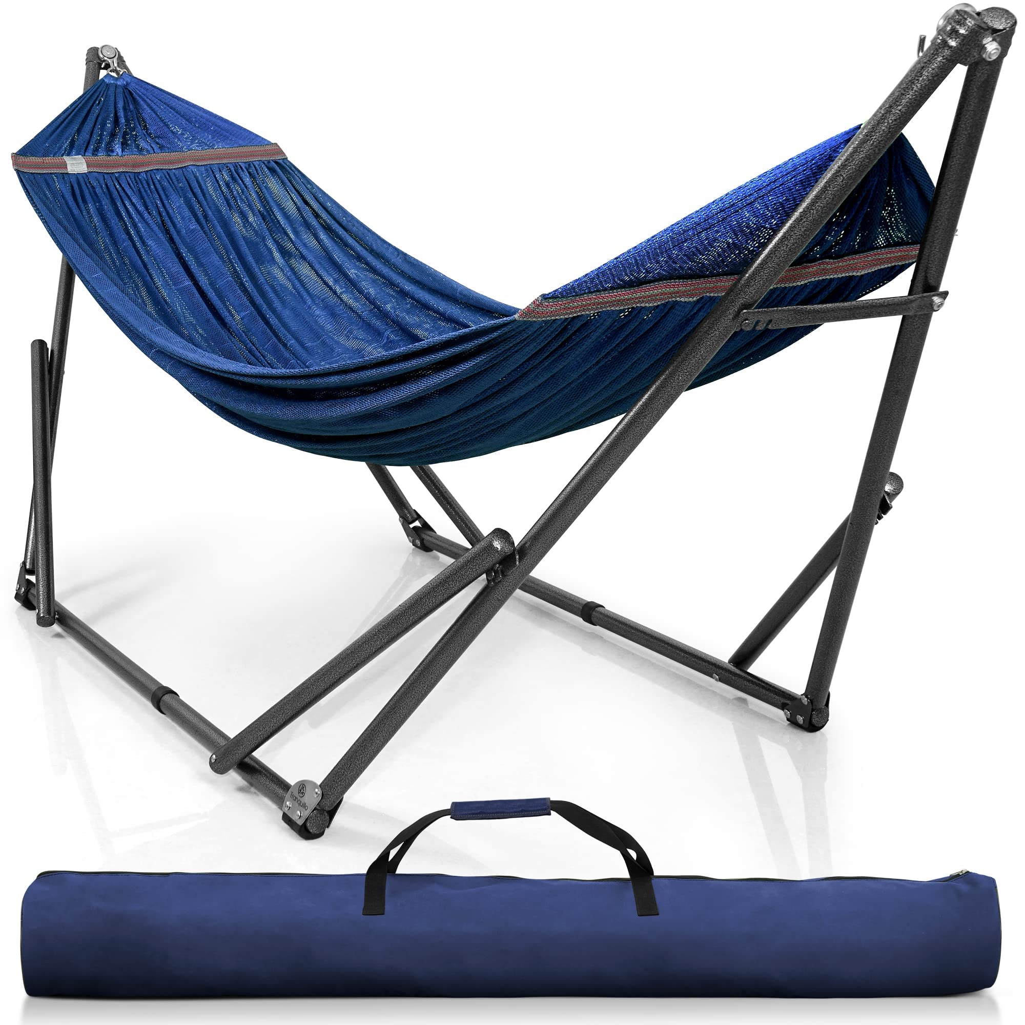 Tranquillo Double Hammock with Stand Included for 2 Persons/Foldable Hammock Stand 600 lbs Capacity Portable Case - Inhouse, Outdoor, Camping, Aegean