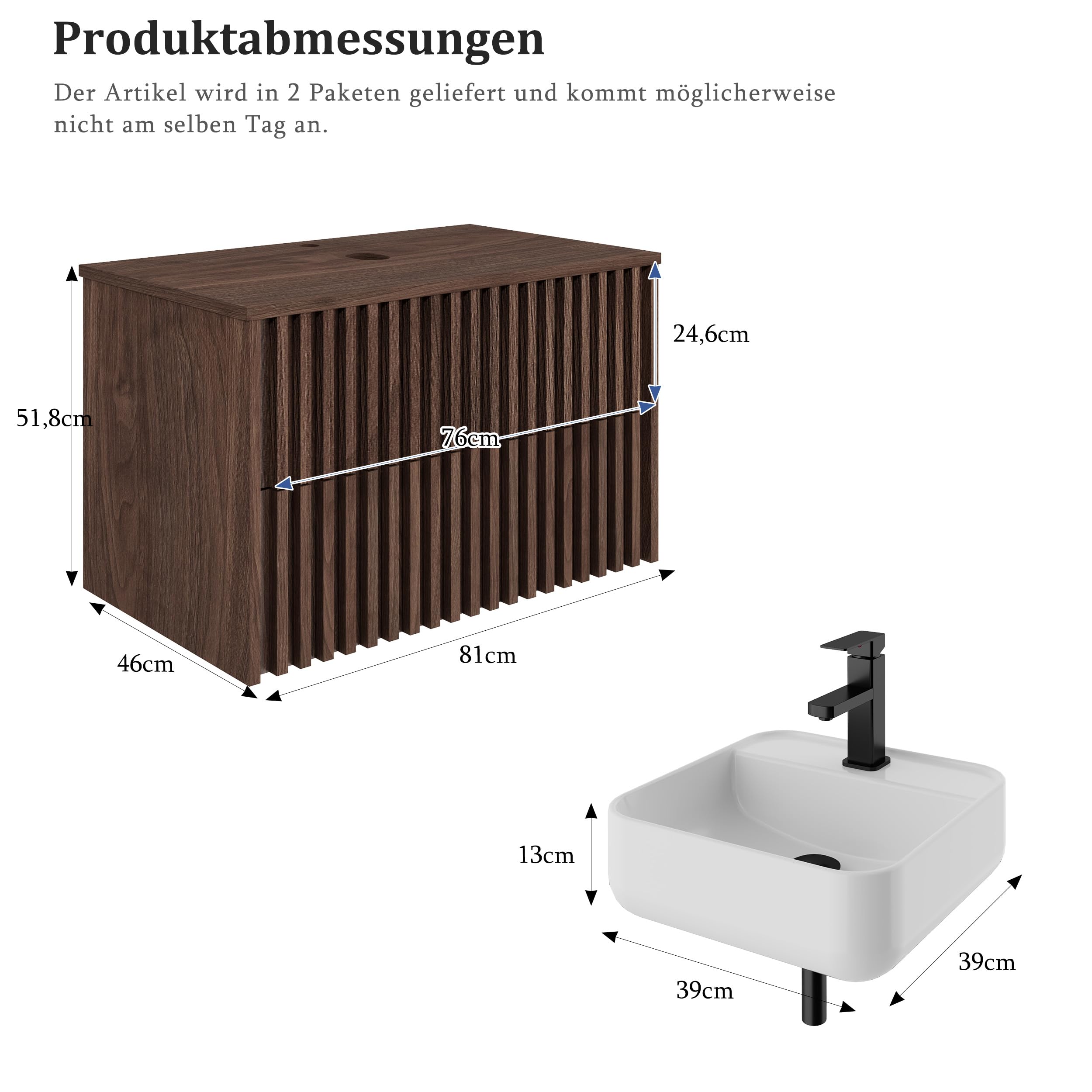 UEV Waschtisch mit Unterschrank, Waschbecken hängend 81cm, Dunkelbraun | Waschbeckenunterschrank, Badmöbel Set, Rechteckiges Keramikwaschbecken, ausreichend Stauraum Platzsparender Badezimmmer Möbel