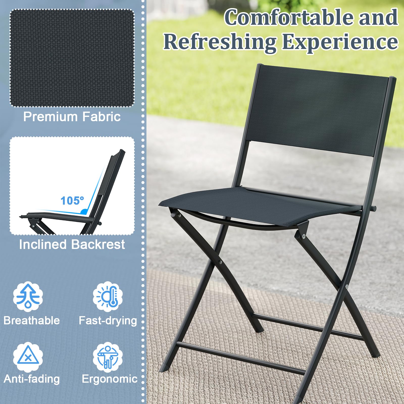 GIANTEX Ensemble Salon de Jardin 3 Pièces Table Ronde Pliante Verre Trempé 2 Chaise Pliantes Tissu Respirant Noir