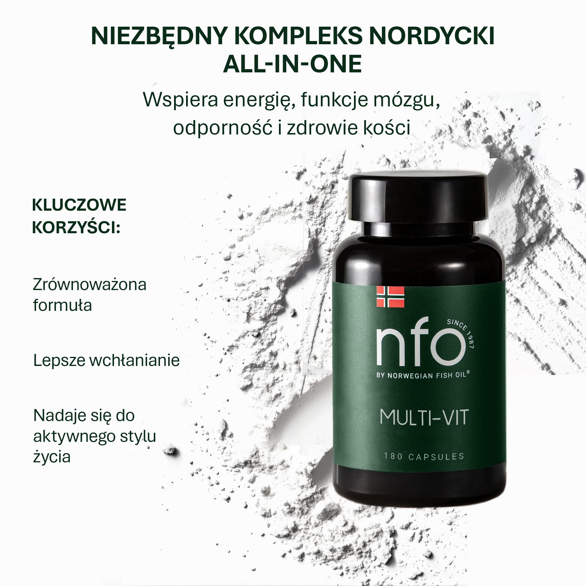 NFO MULTI-VIT ENERGY [180 kapsułek żelowych] naturalny kompleks o wysokiej dawce z Norwegii Wszystkie witaminy i minerały zawarte w naszych multiwitaminach są zrównoważone dla maksymalnej synergii, z