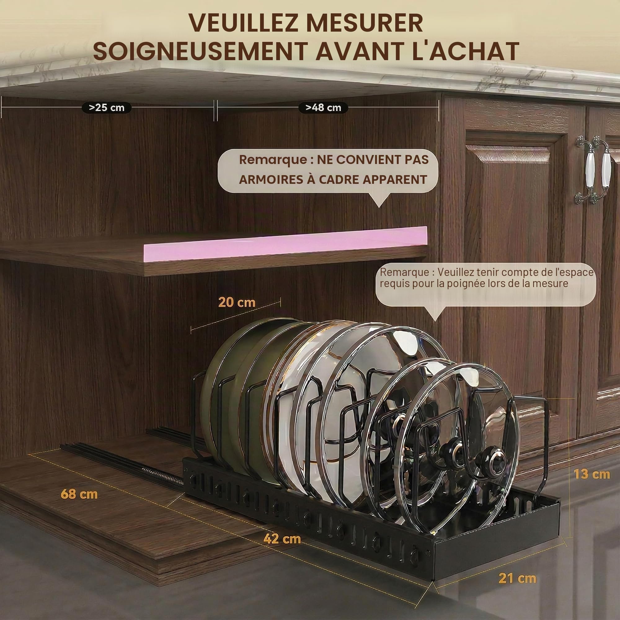 Rangement Poele et Casserole pour Tiroir Cuisine, Organiseur de Poêle avec 8 Compartiments Réglables, Porte-casseroles Support Coulissant, Range Couvercle (2 Pièce，Noir)
