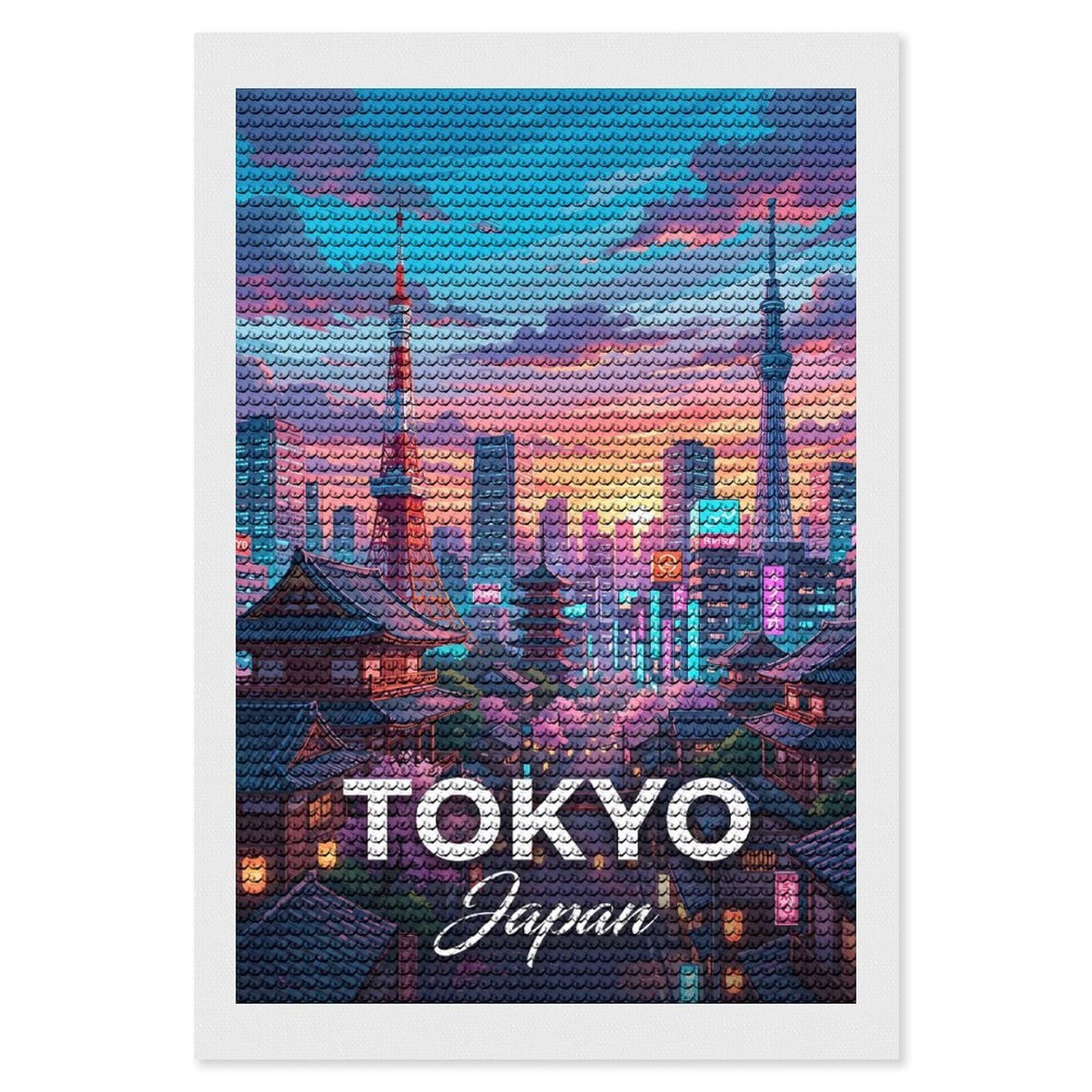 Junmoney Tokyo Japan Cityscape at Sunset DIY Diamond Art Canvas Kit 8"x12", Relaxing DIY, Sparkling Crystal Beads, Vintage Style Decor, Holiday Gift Idea