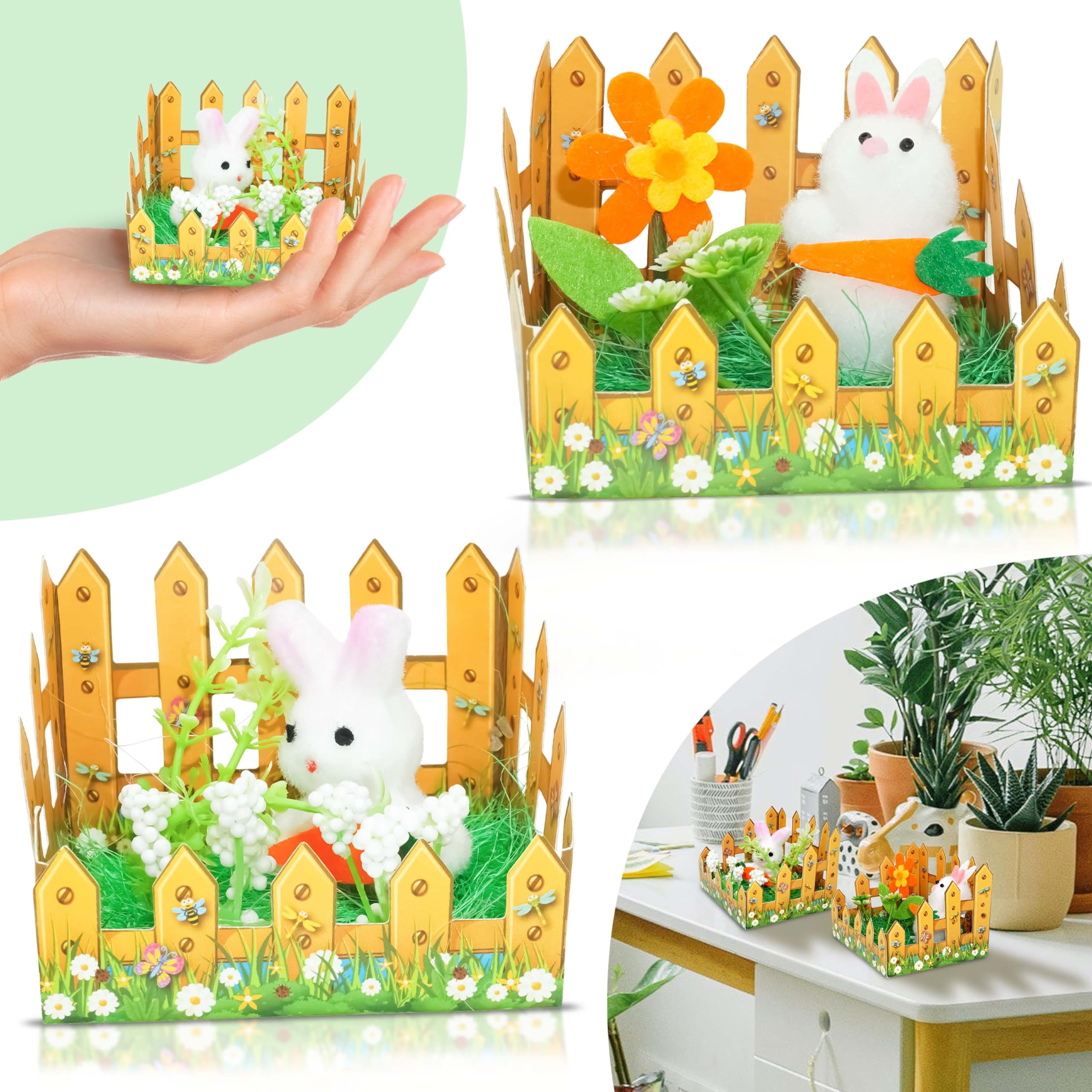 2X Picket Fences with Easter Bunnies Animals for Hunt | Home Garden Easter Decoration Gift for Kids, Easter Rabbits Ideal for Crafting Spring Time
