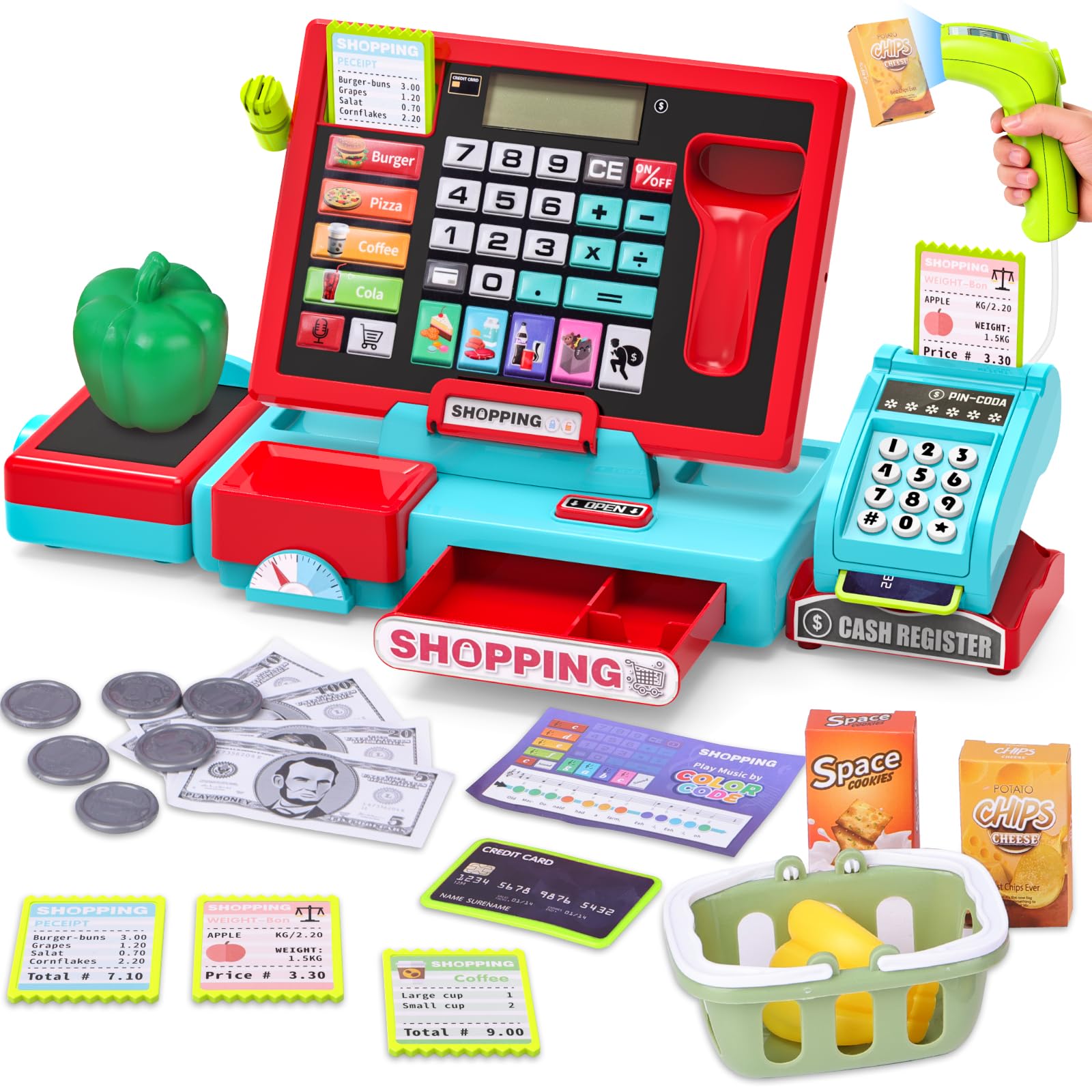 Caisse Enregistreuse Enfants Électronique, Caisse de Supermarché avec Scanner et Son, Jouet Monnaie pour Enfant avec Accessoires, Jeu Éducatif pour Enfants dès 3 Ans