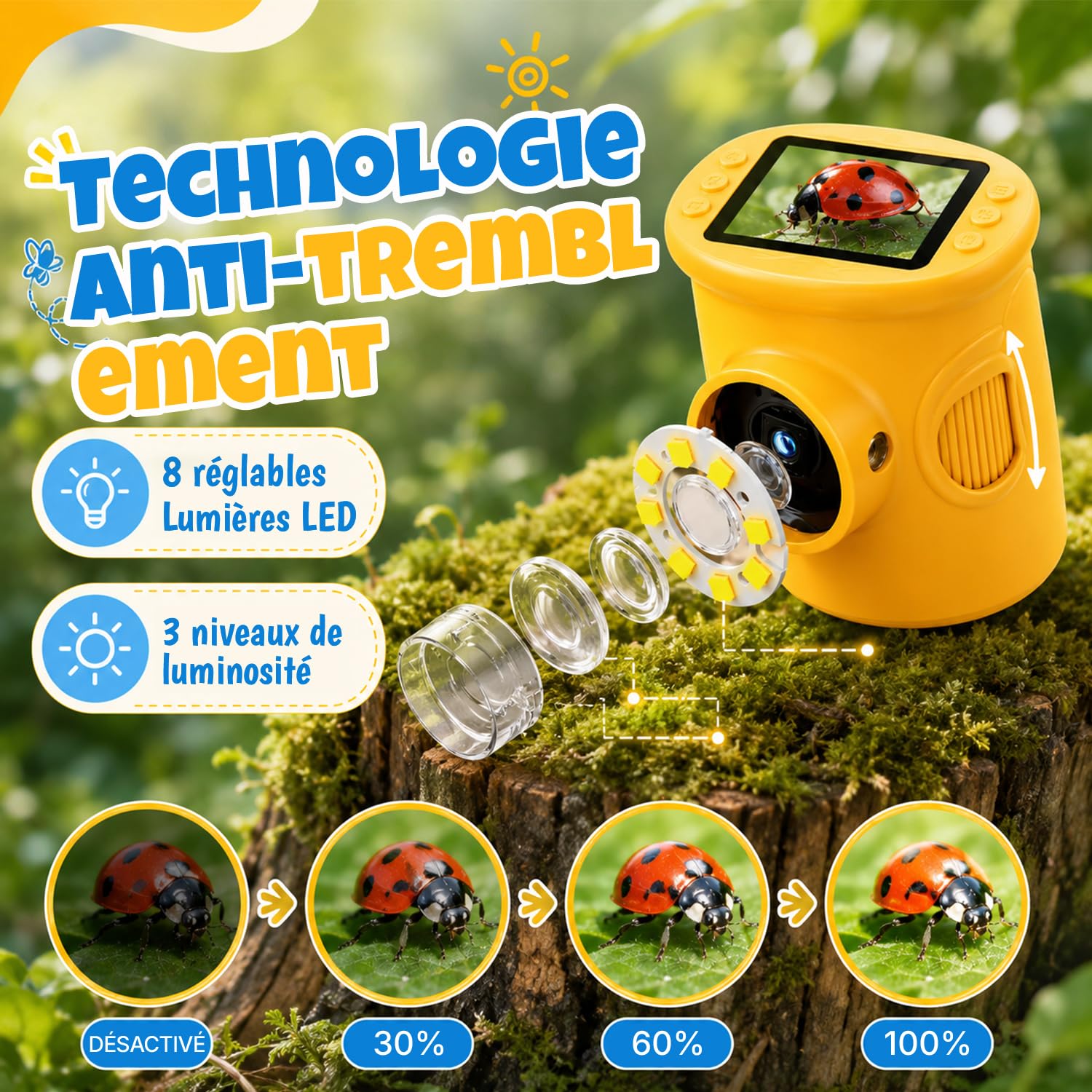 Microscope Numérique pour Enfants,1000X Mini Microscope de Poche Portabl, Éclairage 8 LED, USB Rechargeable,Cadeau de Noël et d’Anniversaire pour Enfants 3–12 Ans