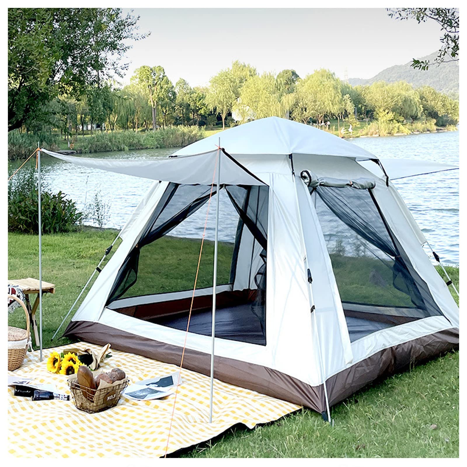 Universal Tent Porch Extension 4 Man Double Doors and Four Windows,Insect Proof Tent Practical Sturdy Big Tent for Camping, Hiking, Mountaineering Hello interesting