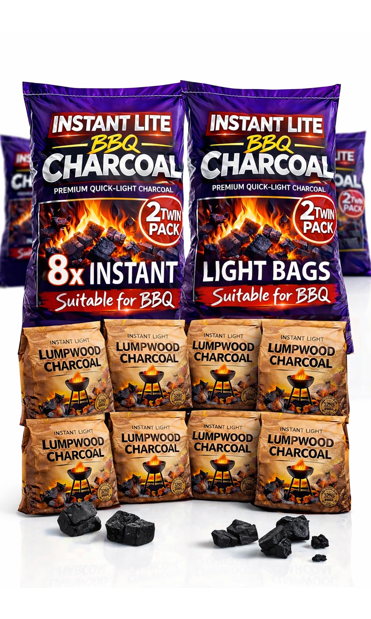8 x 1.25kg Bags (10kg) Premium Instant Light BBQ Charcoal, Bags of Instant Barbecue Lumpwood Charcoal (4x Twin Packs)