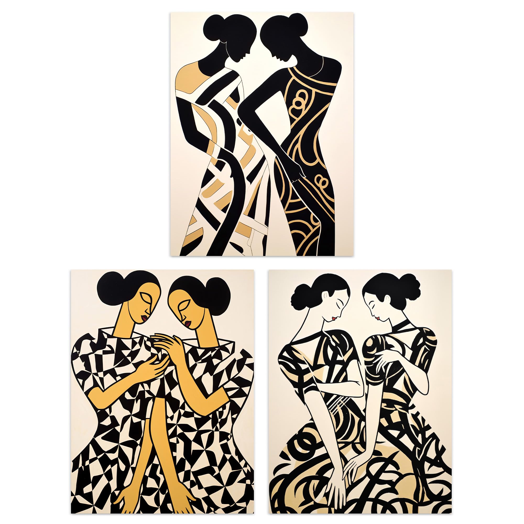 Artery8 Set of 3 Women Together Matisse Style Abstract Paintings Black and Beige Figures Unframed Wall Art Living Room Poster Prints Pack