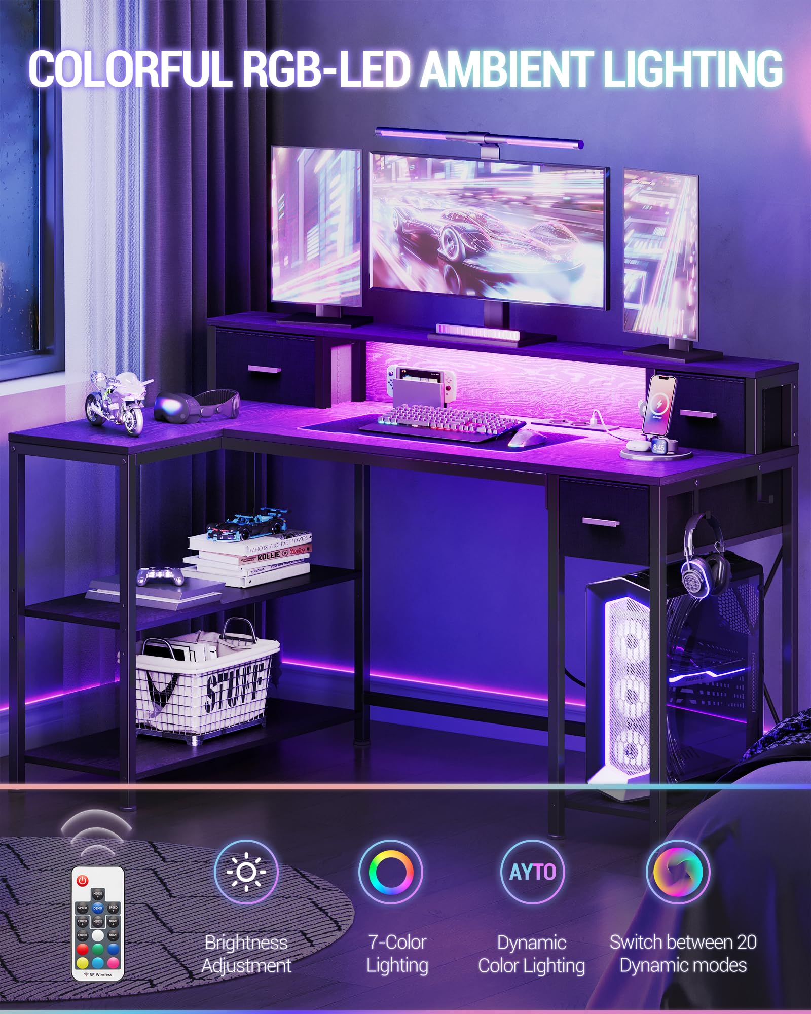 Hzuaneri Scrivania Angolare Computer, Tavolino Computer a Forma L, Con Luci LED, Ciabatta Elettrica, 132 x 80 cm, per Gaming, Computer, Ufficio, Studio, Nero CD43004XEU