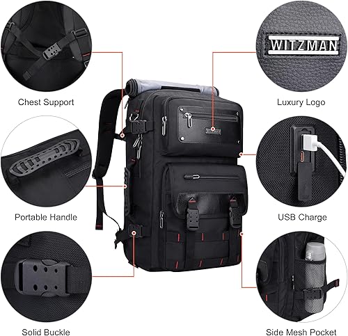 Miniatura 7 de WITZMAN Mochila de viaje de mano para hombre, convertible, grande, de nailon, para portátil de 17 pulgadas, aprobada por aerolíneas, Negro -,