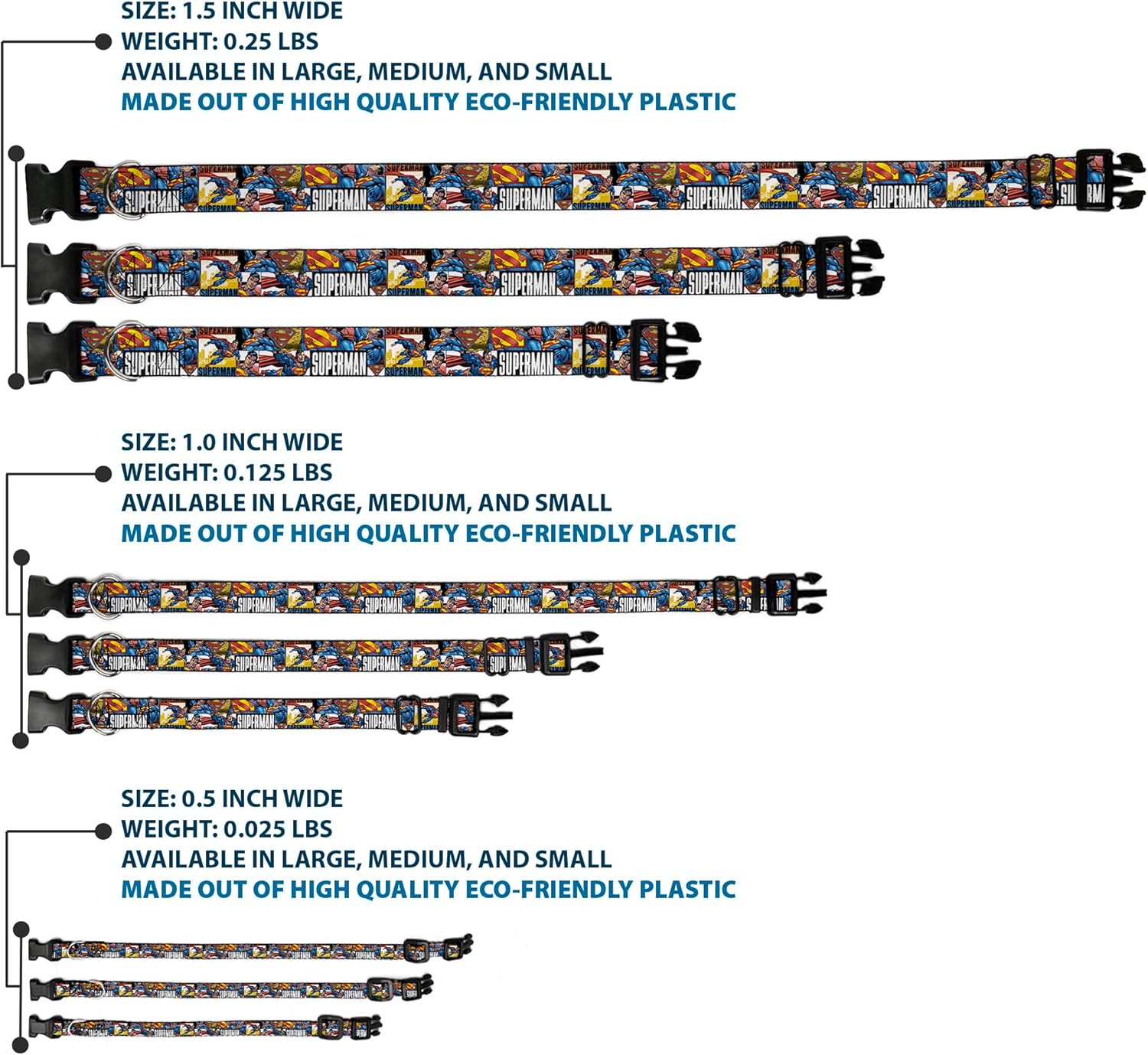 Buckle-Down Plastic Clip Collar - SUPERMAN Action Blocks White - 1.5" Wide - Fits 13-18" Neck - Small