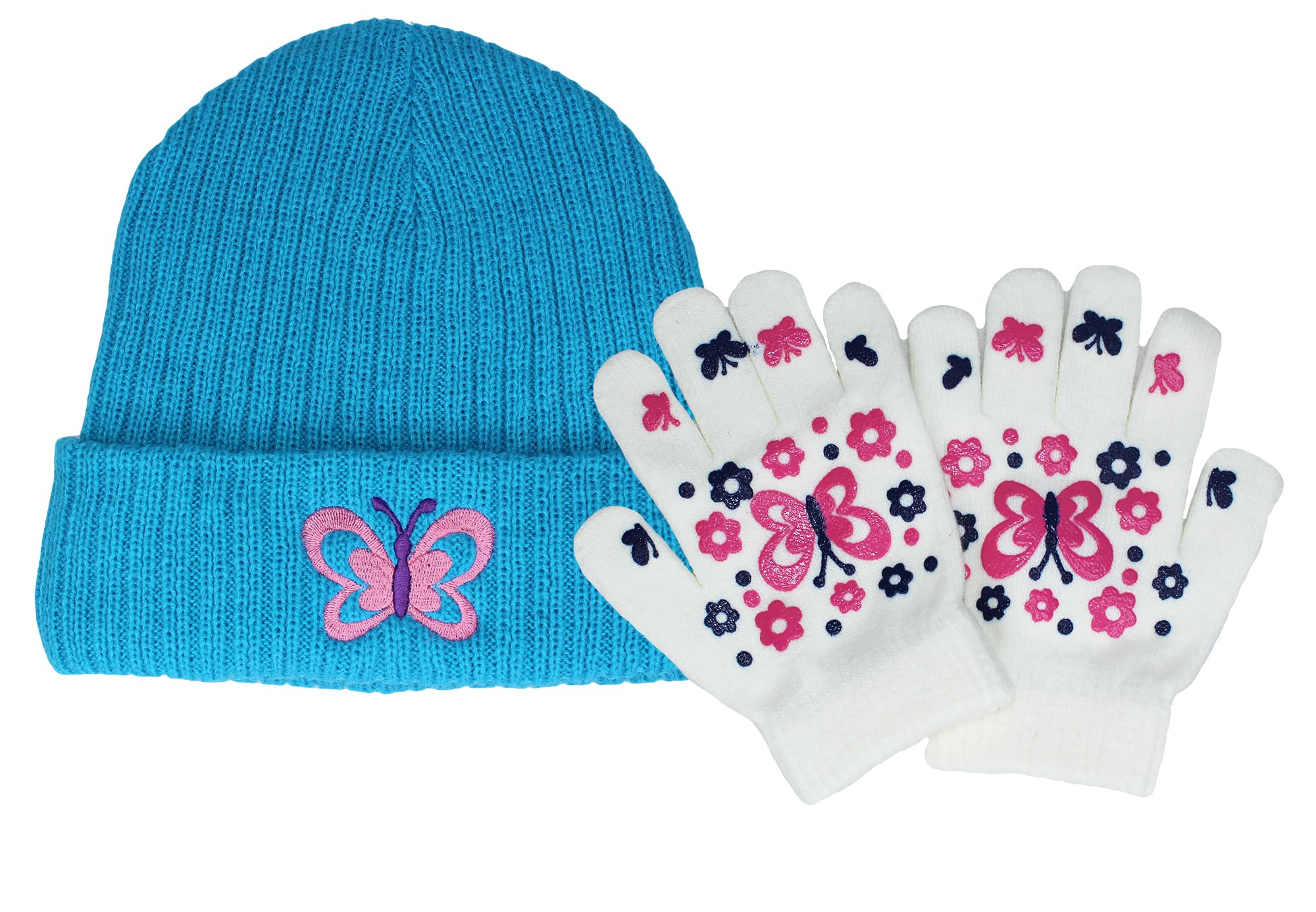TeddyT's Girls Embroidered Butterfly Electric Blue Beanie Hat and Cream Gripper Gloves 4-8 Years
