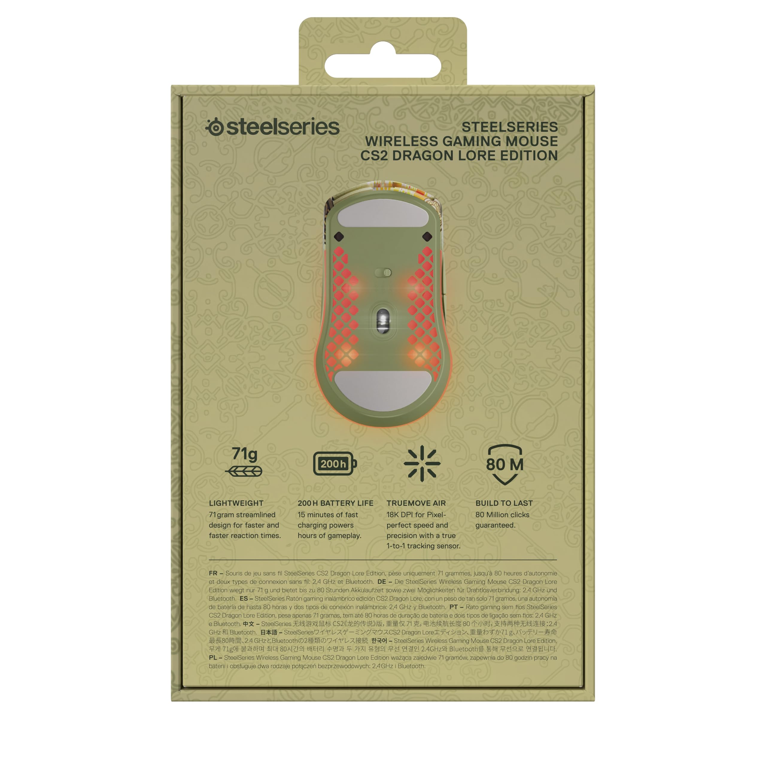 SteelSeries CS2 Dragon Lore – Bezprzewodowa mysz do gier – Counter-Strike – 2,4 GHz i Bluetooth – Czujnik optyczny 18 tys. DPI TrueMove Air – Bateria do 200 godz. — Wytrzymałość 80 mln kliknięć
