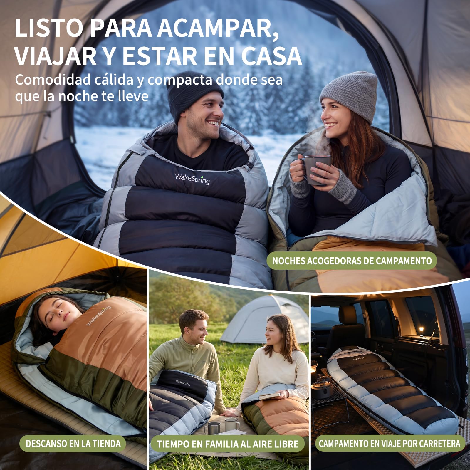 Saco de Dormir Momia, Relleno 450 gsm de Fibra Hueca, Cubierta Repelente al Agua y Cortaviento, Saco de Dormir 3 Estaciones con Capucha Ajustable, para Camping y Clima Frío
