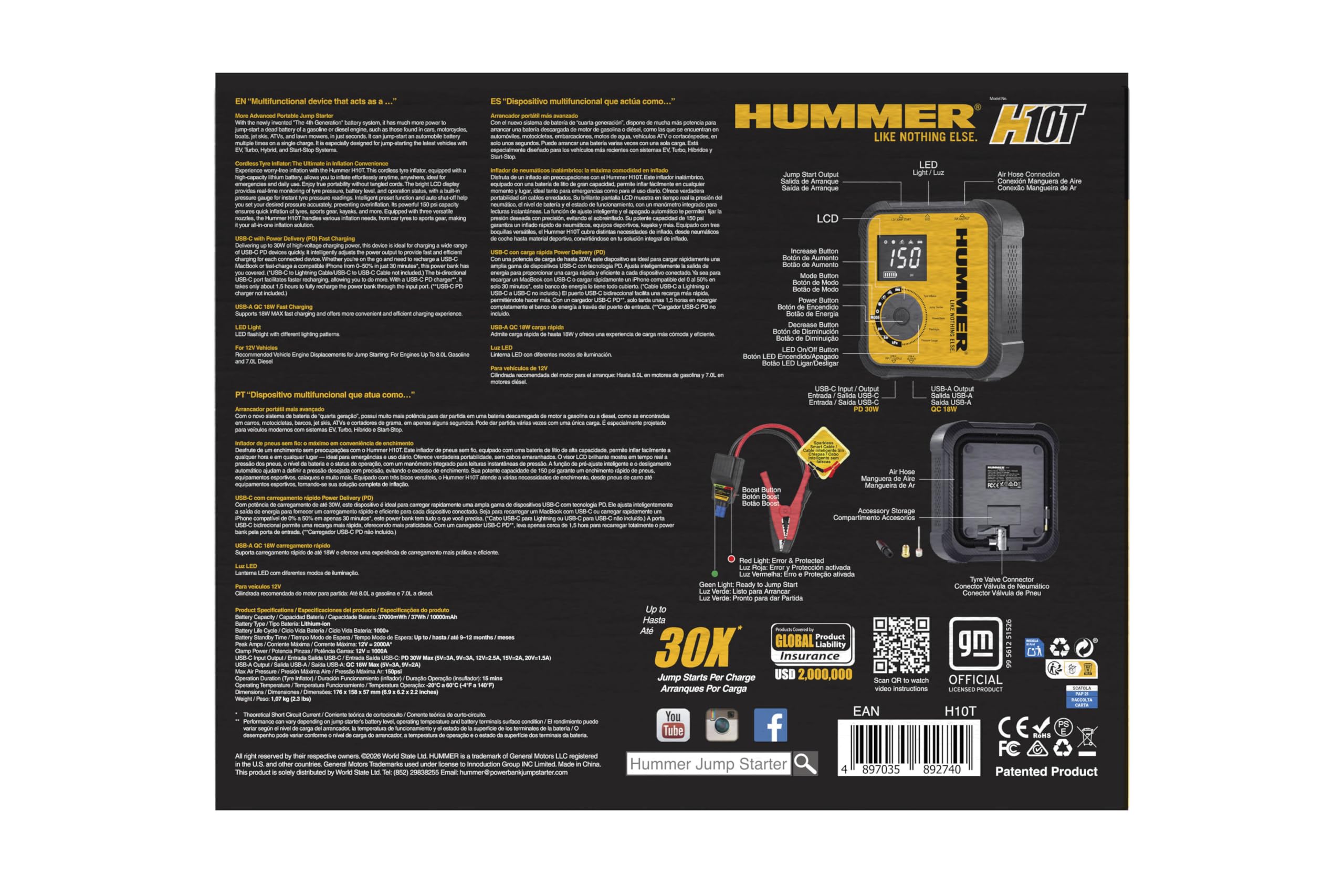 Hummer H10T Arrancador Multifuncional 10000mAh con Compresor 150 PSI, Jump Starter 2000A para Motores Gasolina 8.0L y Diésel 7.0L, Inflador Inalámbrico, Power Bank USB-C PD 30W y USB-A QC 18W