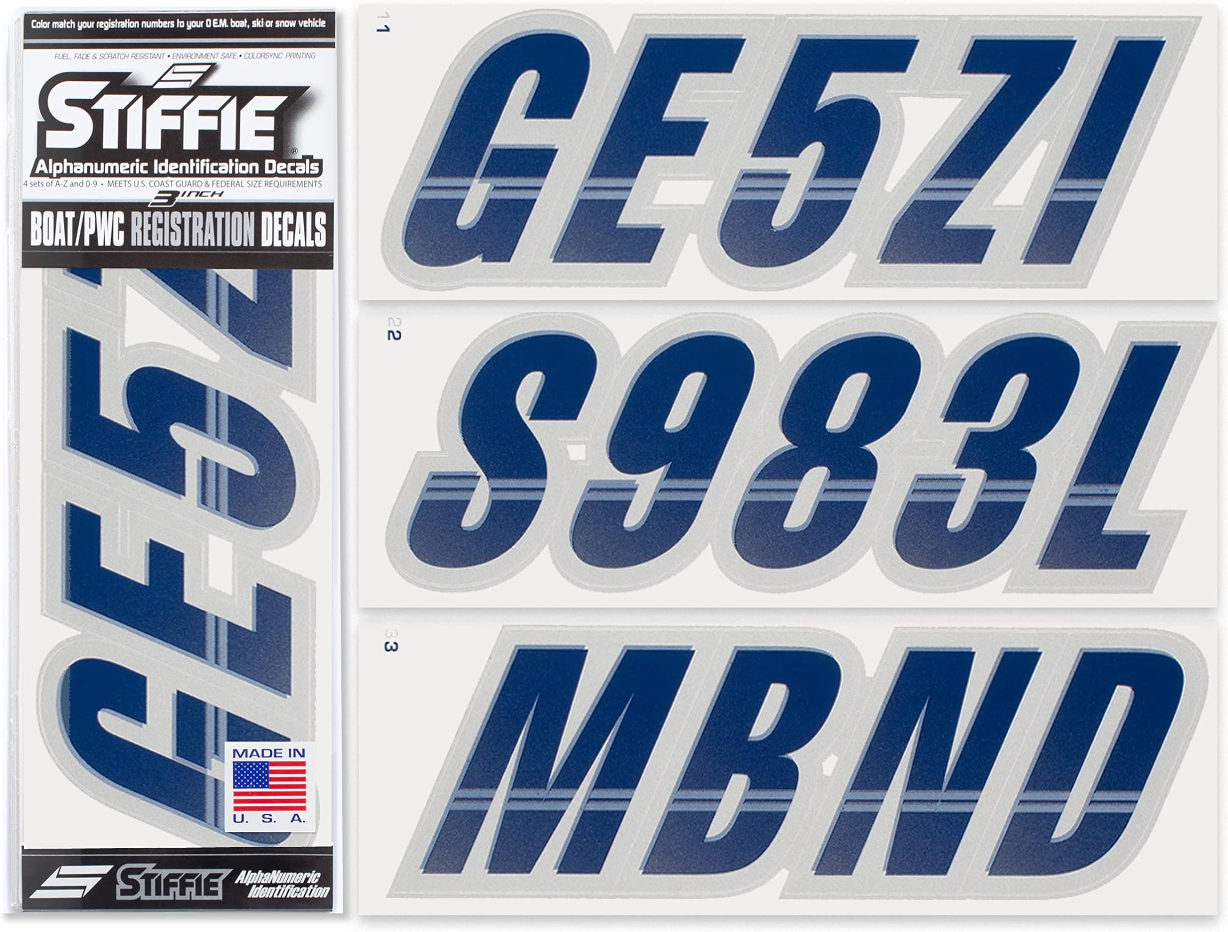 Stiffie Techtron Navy/Silver 3" Alpha-Numeric Registration Identification Numbers Stickers Decals for Boats & Personal Watercraft