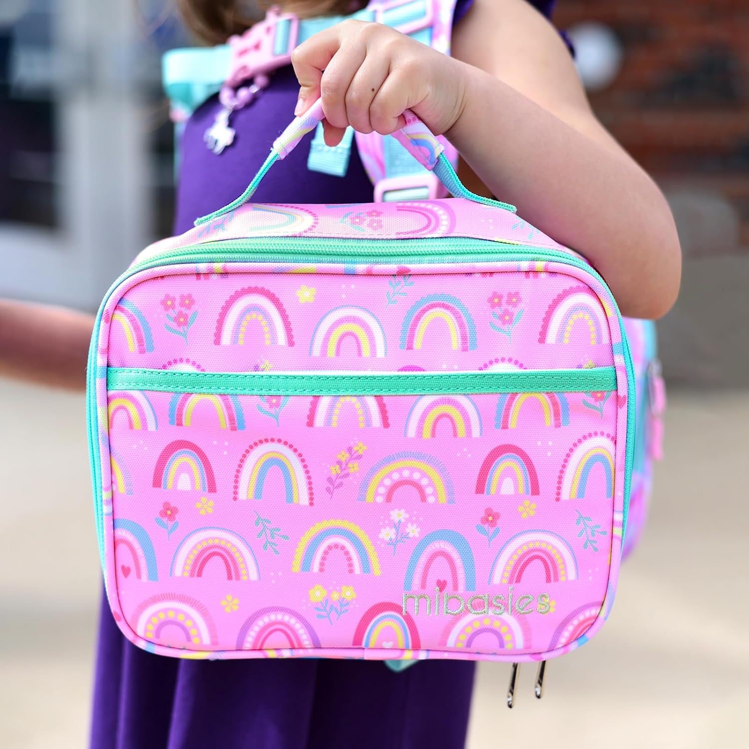 mibasies Kids Lunch Box for Girls Toddler, Insulated and Reusable Lunch Bag for School, Pink Rainbow - Image 9