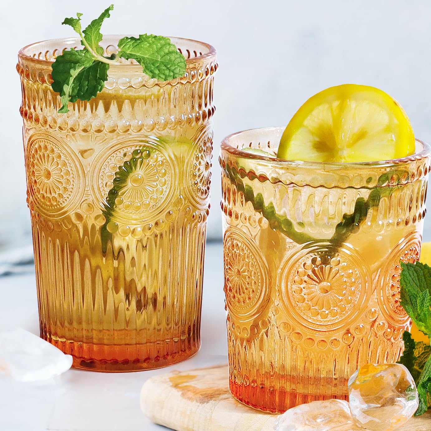 Loivttvv 12pcs Vintage Drinking Glasses Set 12 oz Highball Glasses 9 oz Embossed Ribbed Glassware Cups for Thanksgiving