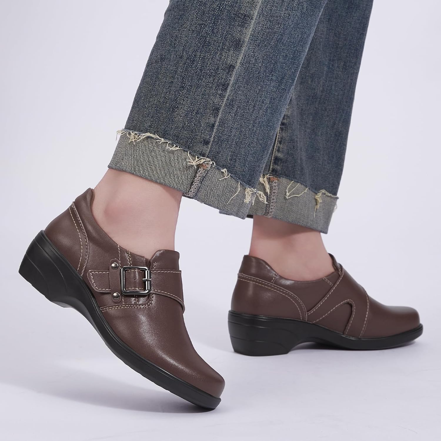 Loafers for Women Leather Dressy Arch Support Memory Foam Buckles Comfortable Low Heel Casual Shoes Ladies Business Work Office Flats Brown US 10.5 - Image 2