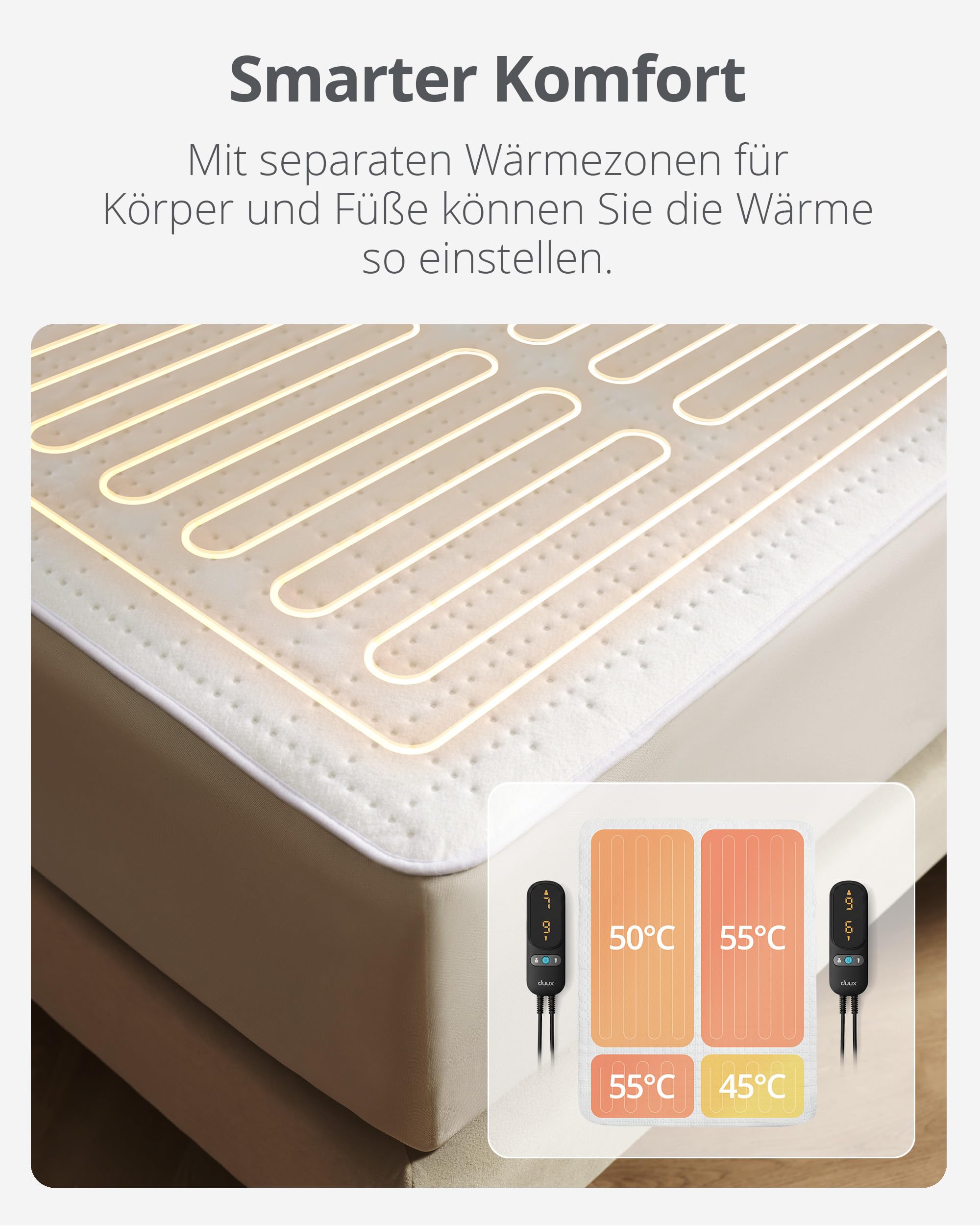 Duux Snooze Fleece Elektrische Unterdecke – Weiche Fleece-Deckschicht – 6 Heizstufen & Timer – 2 Zonen für Körper und Füße – Waschbar – 140x200 cm