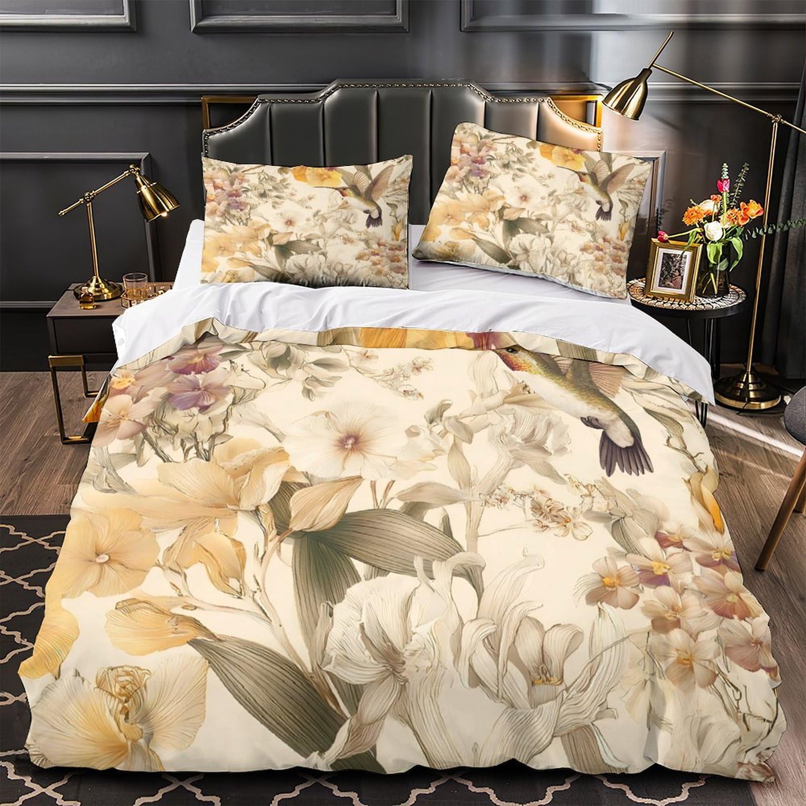 Housse de couette colibri 3D hypoallergénique et douce en microfibre vintage
