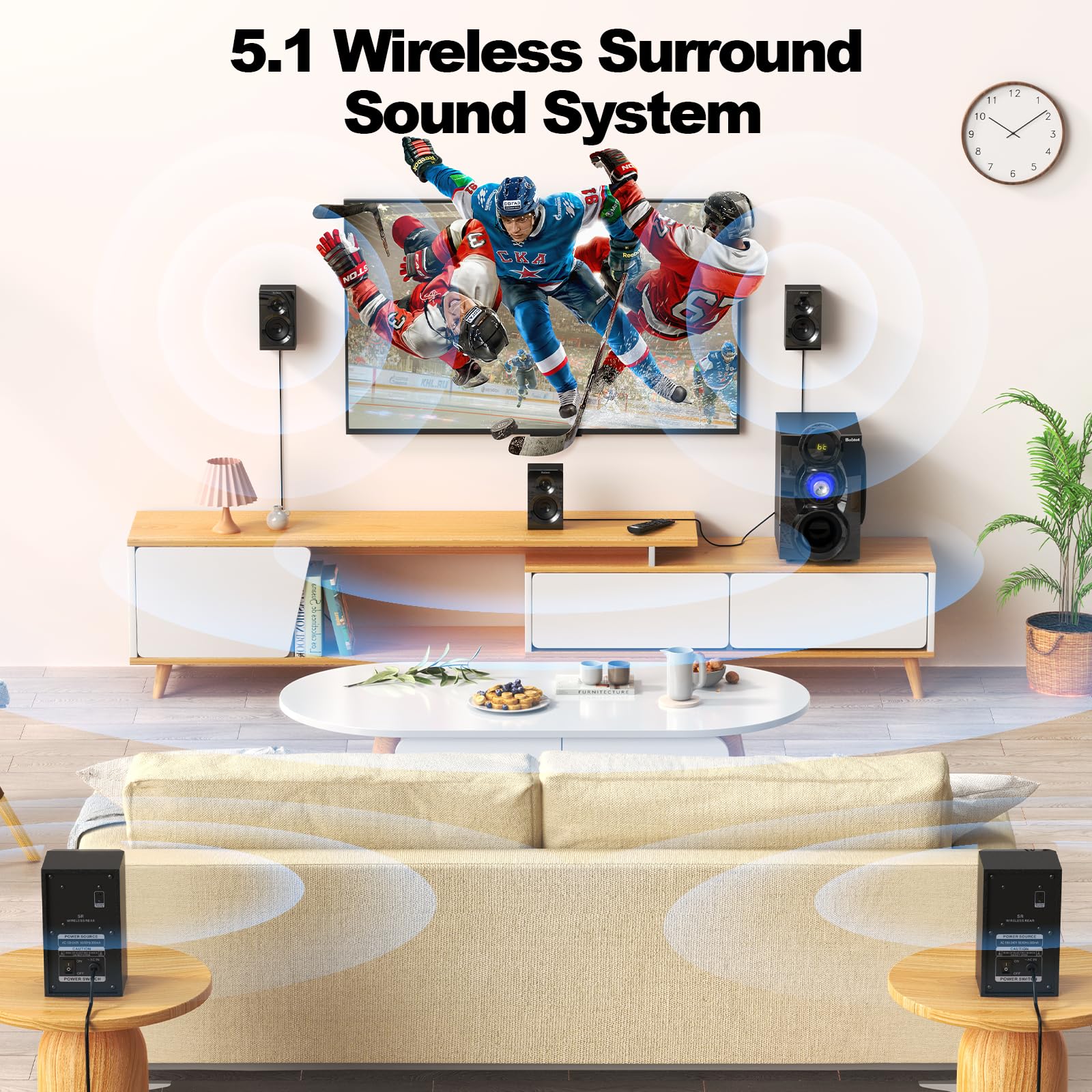 Bobtot Sistema senza fili del teatro domestico del sistema audio surround, subwoofer a 8 pollici | Altoparlanti surround 1000W 5.1/2.1 canali bassi profondi con ingresso karaoke Bluetooth ottico ARC