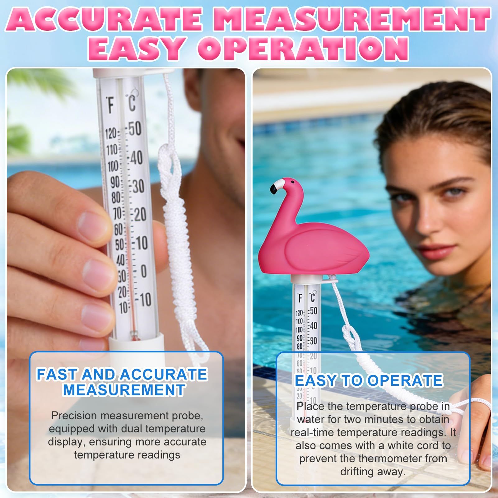 Thermometre Piscine,Thermomètre de Piscine,Thermomètre Flottante | Thermometre Piscine Avec Ficelle,Flamant pour Bain,Spa,Aquarium,Pool,Étang à Poissons