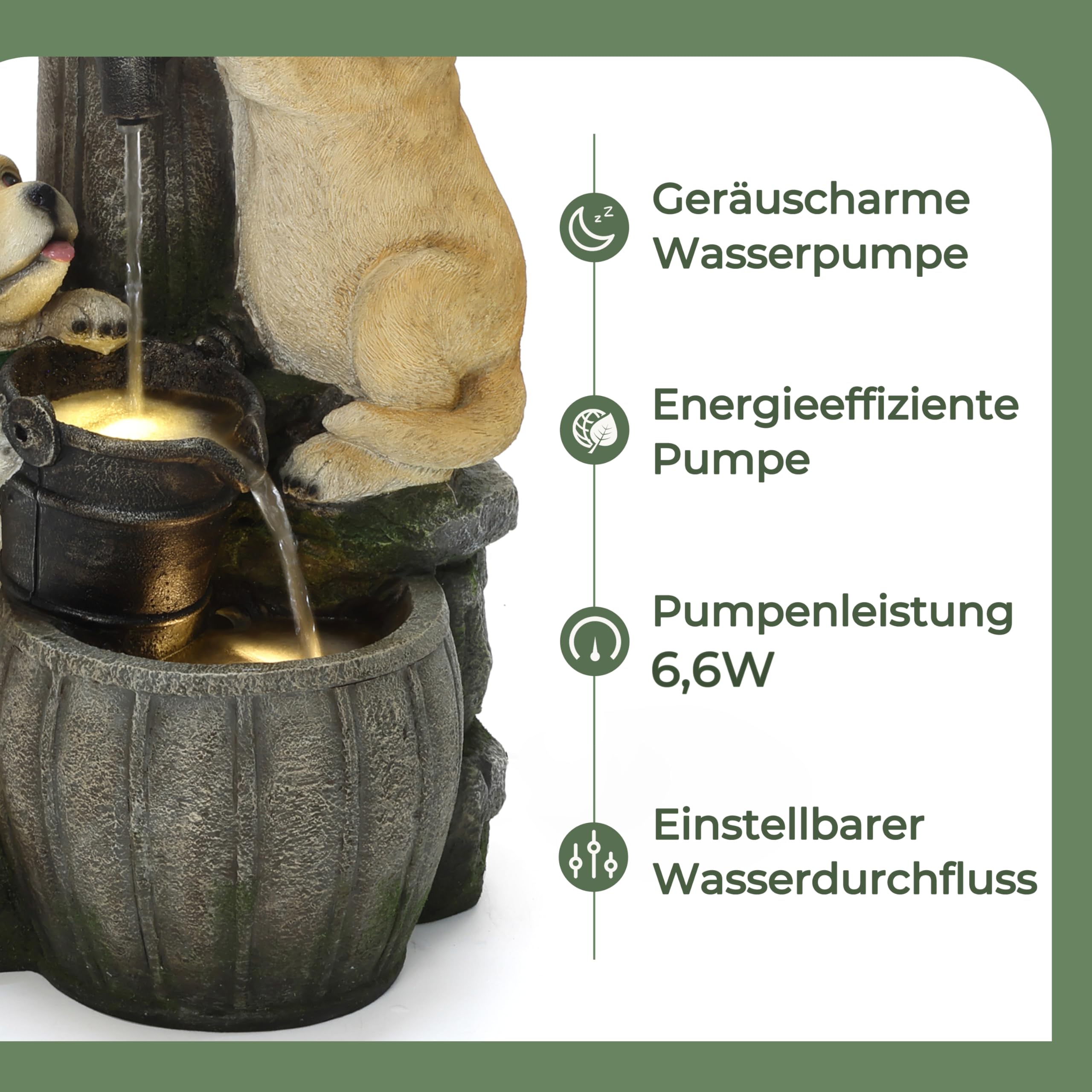 90cm Polyresin-Gartenbrunnen mit LED Light Zwei Hündchen und Vogelhäuschen Innen- und Außenbrunnen springbrunnen für Garten, Balkon, Terrasse, Eingang 90x38x34 cm