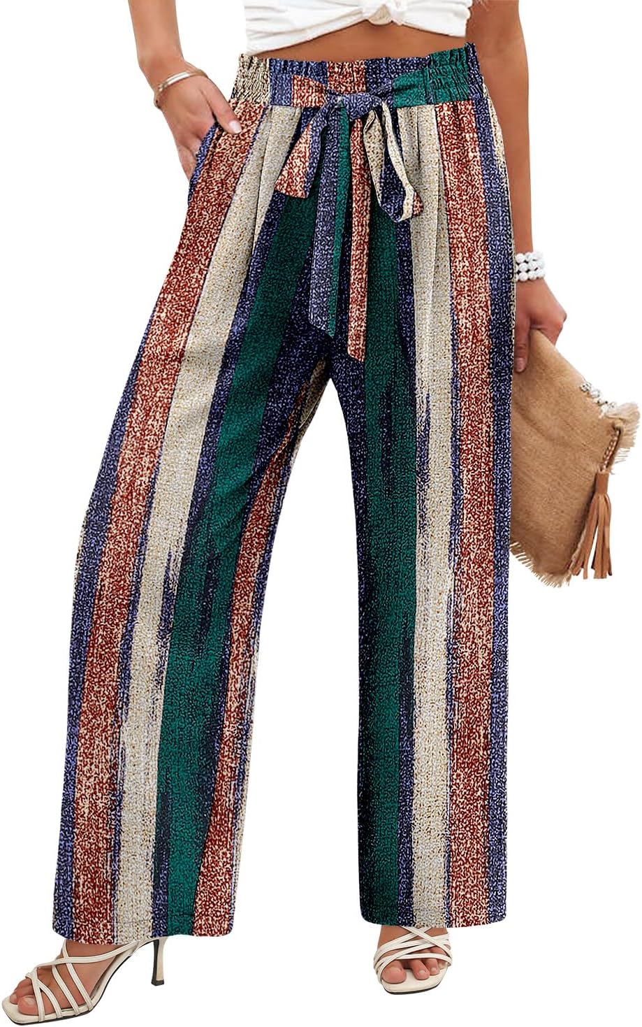 Angerella Womens Wide Leg Pants High Elastic Waist Adjustable Knot Casual Flowy Trousers Business Work Pants with Pockets