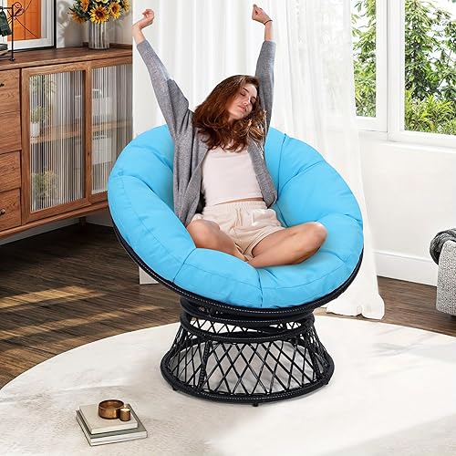KROFEM Papasan - Silla de mimbre de ratán con forma de huevo estilo platillo giratorio 360 ideal para oficina dormitorio sala de estar adultos niños