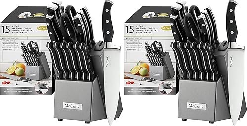 Vista 17 de McCook Juego de cuchillos negros, juego de cuchillos de cocina forjados de acero inoxidable alemán con afilador de cuchillos integrado