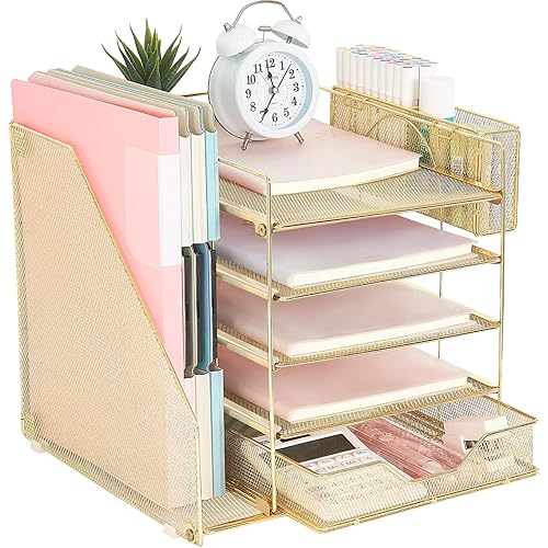 gianotter 5-Tier Paper Letter Tray Organizer with File Holder, Desk Organizer with Drawer and Pen Holder, Mesh Desktop Storage with Magazine Holder for Office Supplies (Gold)