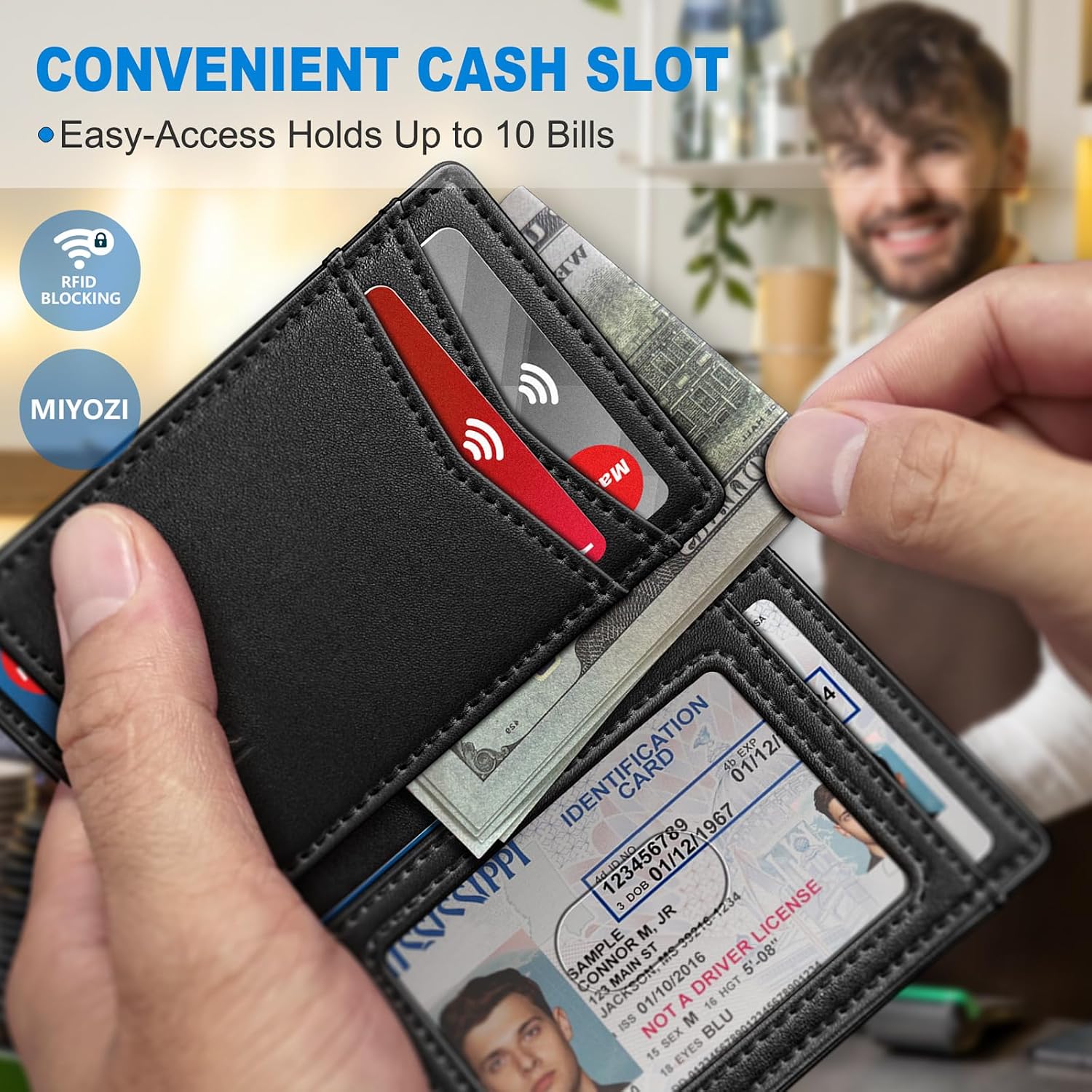 miyozi AirTag Wallet for Men, Slim Minimalist Genuine Leather Bifold, Front Pocket Wallet with 12 Card Slots, ID Window, RFID Blocking, Simple Bill Slot & Magnetic Closure, Gift Boxed image 5
