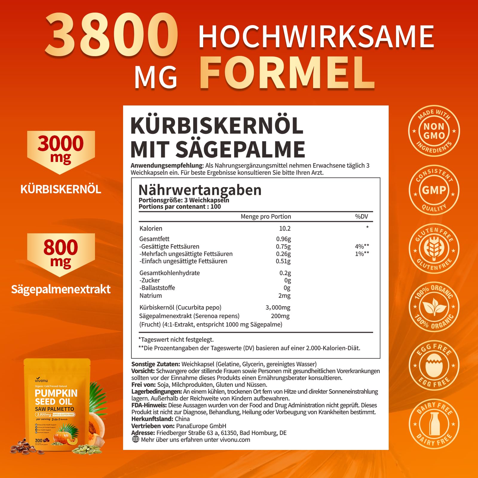VivoNu Huile de Pépins de Courge - Saw Palmetto & pumpkin seed oil - 3000 mg - soutient la croissance des cheveux, soutient la santé de la Prostate - 300 unité - Sans Soja, Sans Gluten & Sans OGM