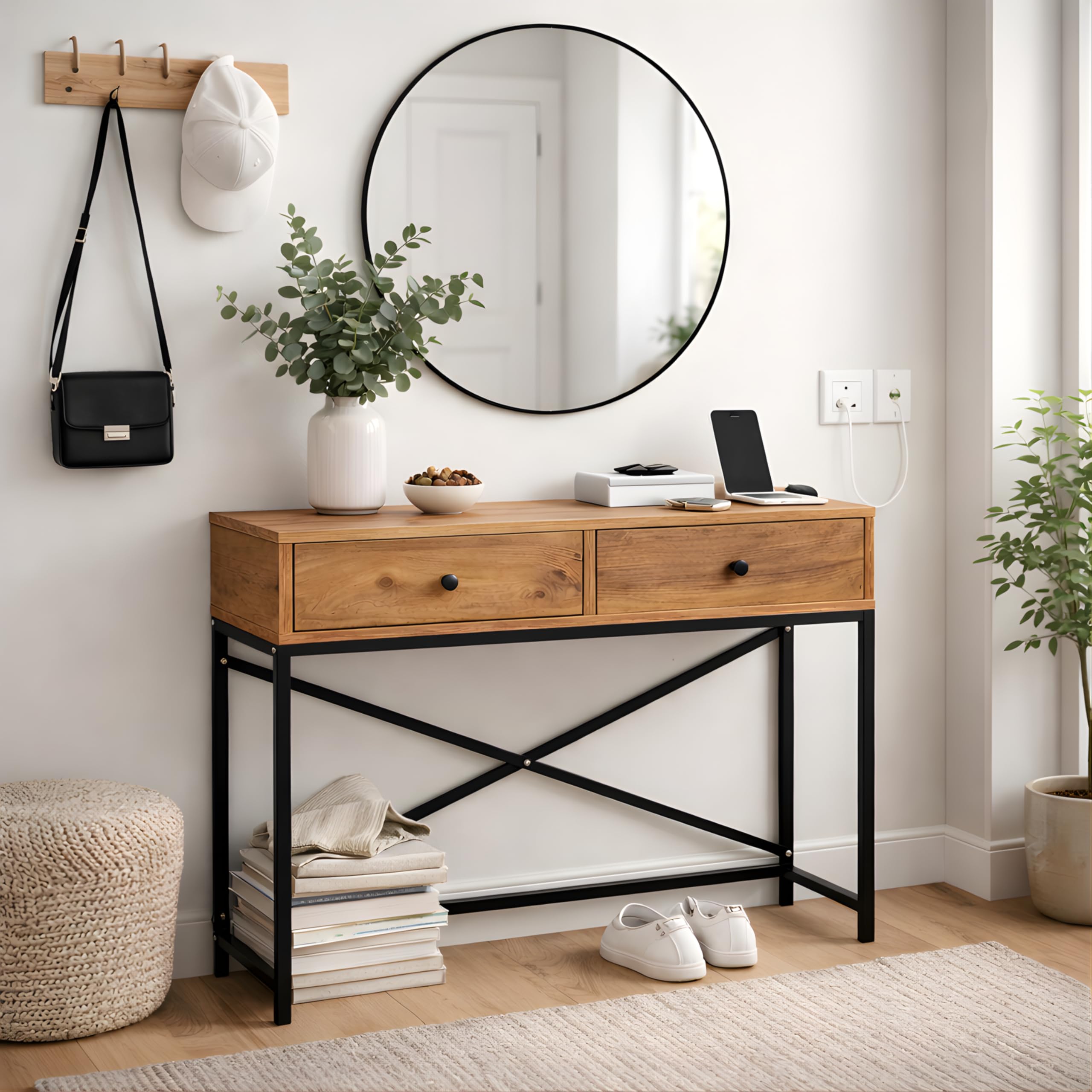 Recibidor Consola Metal y Atlantic Pine con Dos cajones 90 x 32 x 80 cm. Zeus