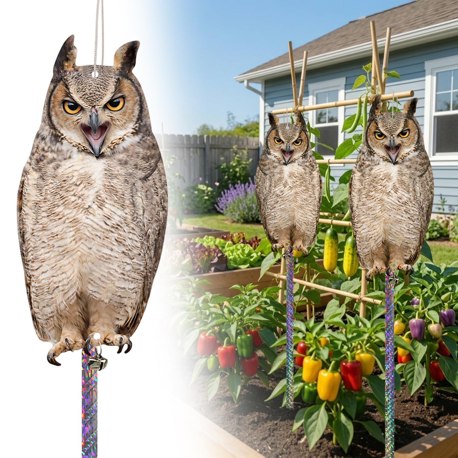 Skystuff 5 Pcs Flat Fake Owl Pigeon Deterrent, Hanging Plastic Flat Fake Owl Decoy to Scare Birds Away Pigeon Bird Scarers for Gardens, Bird Deterrents with Reflective Tape for Gardens Roofs Windows