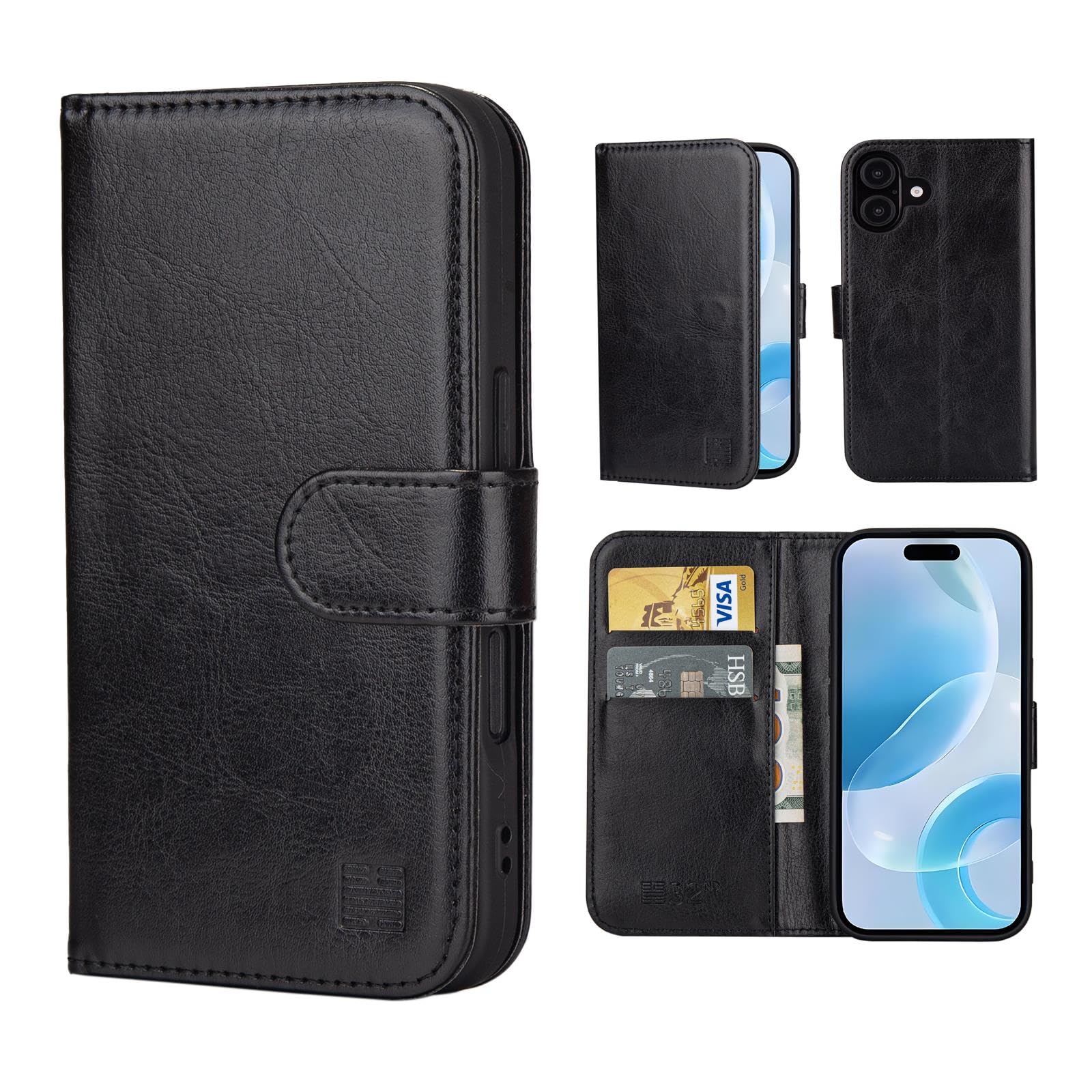 32nd PU Leather Flip Case Cover for iPhone 16 (6.1 Inches), Leather Case with RFID Blocking Card Slot, Magnetic Closure and Stand - Black