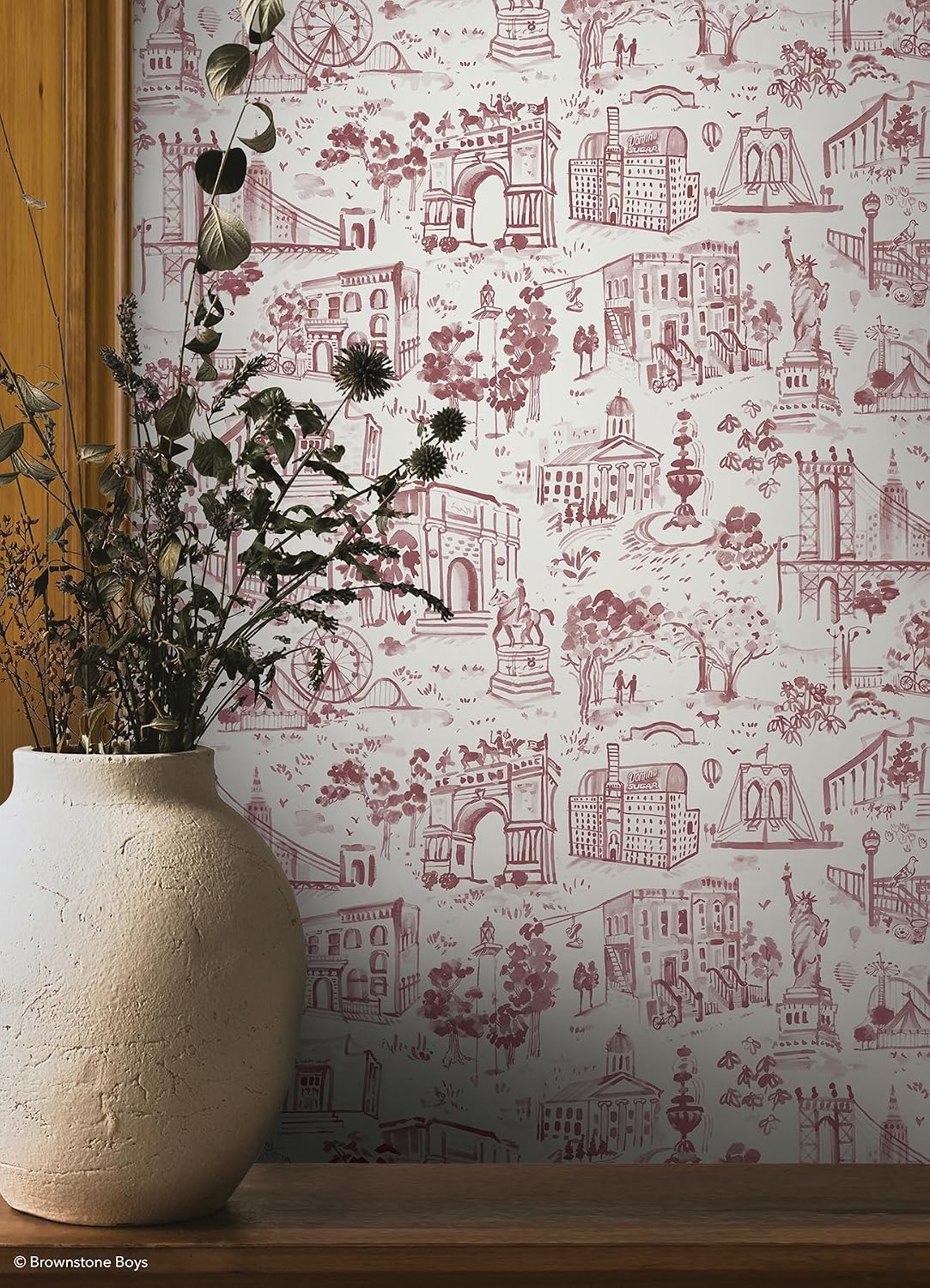 NuWallpaper x Brownstone Boys Toile de New York Brick Peel and Stick Wallpaper, BBS6545