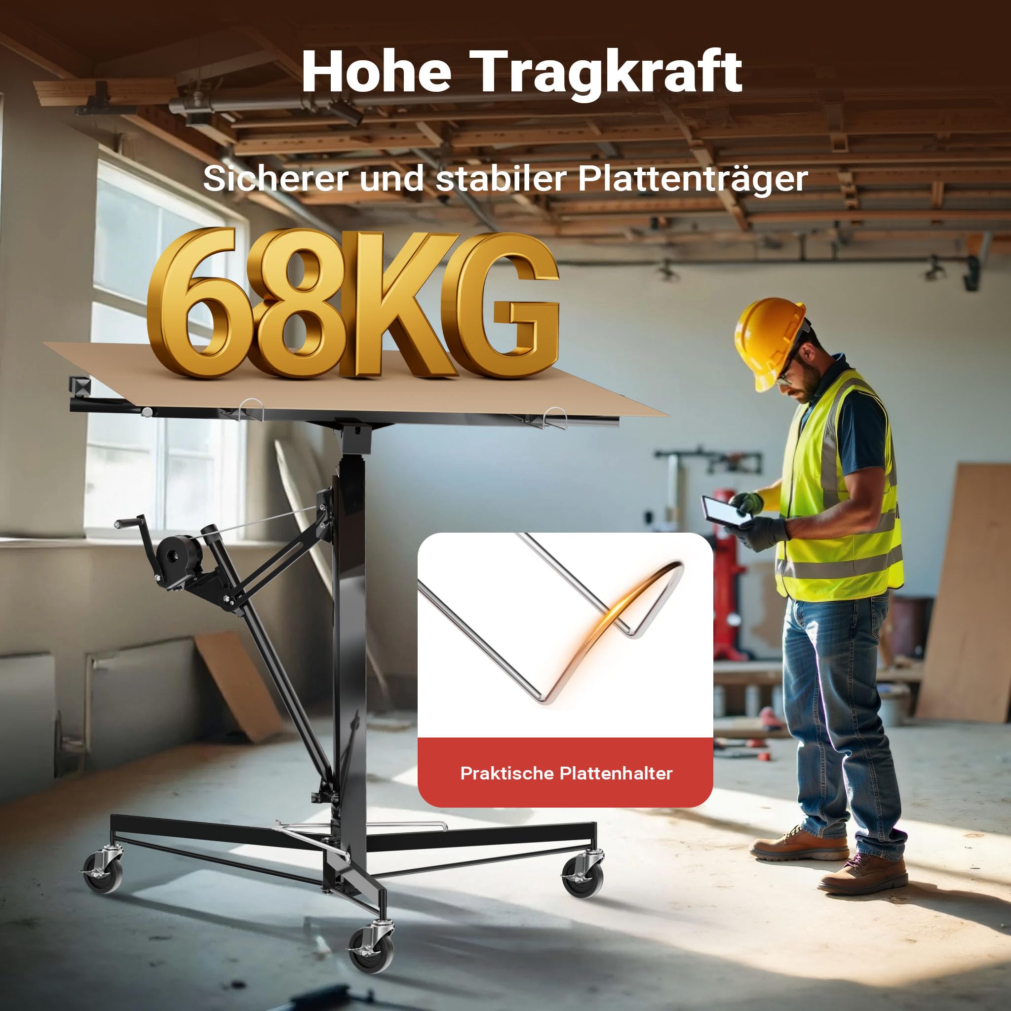 Wiltec XXL Plattenheber bis max. 68 kg, Höhe 140-350 cm, max. Breite 2,90 m, Trockenbau Montagehilfe 1-Mann-Bedienung, 3 Räder mit Feststellbremse, schwarz