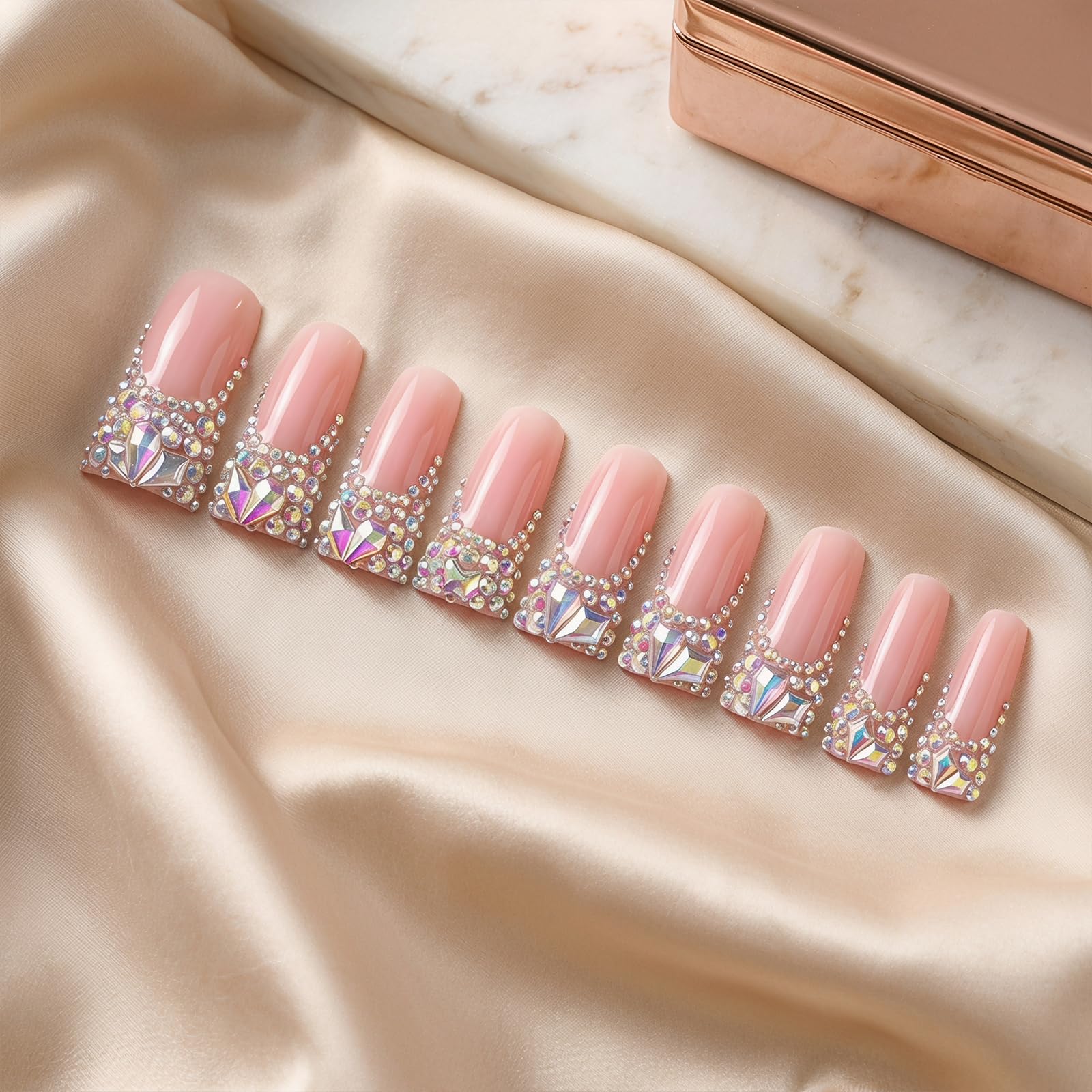 Unghie finte lunghe fatte a mano a forma di anatra, finte unghie finte di lusso con punta francese in cristallo e strass, unghie finte in gel rosa diamante, confezione da 10 unghie