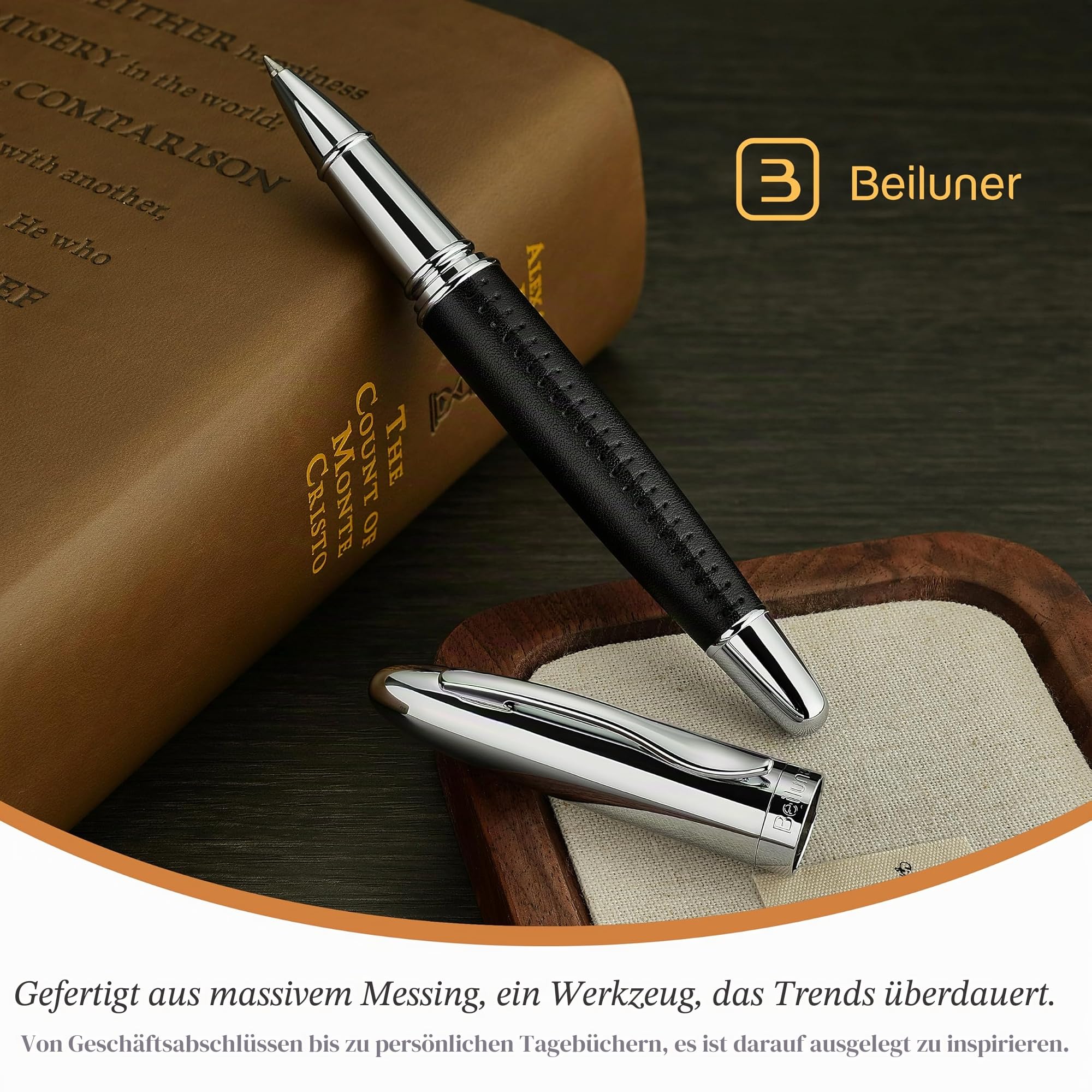 BEILUNER 318 Luxus Lederstift – handgenähtes Premium-Leder mit Chrom-Finish, Schmidt-Tintenmine, nachfüllbarer Rollerball für Damen & Herren, ideal als Geschenk für gehobene Schreibkultur