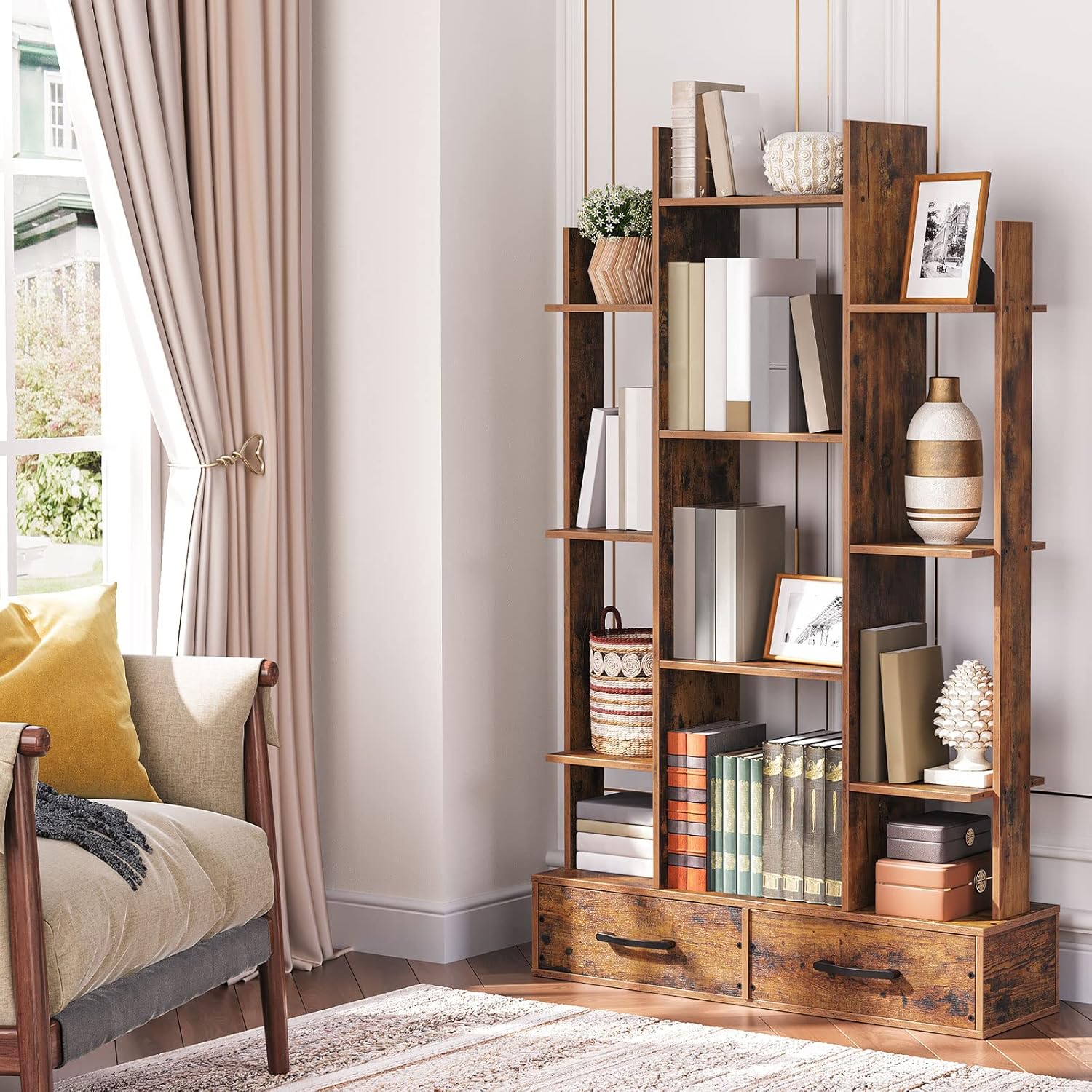 HOOBRO File Cabinet, Industrial Bookshelf with 2 Wooden Drawers, Filling Cabinet with 5 Wheels, Free Standing Storage Shelf for Home Office, Rustic Brown : Office Products