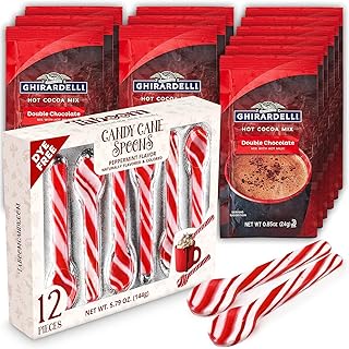 Taboom Dye-Free Peppermint Candy Cane Spoon & Hot Cocoa Bundle - 12 Individually Wrapped Peppermint Spoons with 12 Double Chocolate Premium Hot Cocoa Packets - Festive Christmas Hot Chocolate Gift Set & Stocking Stuffers