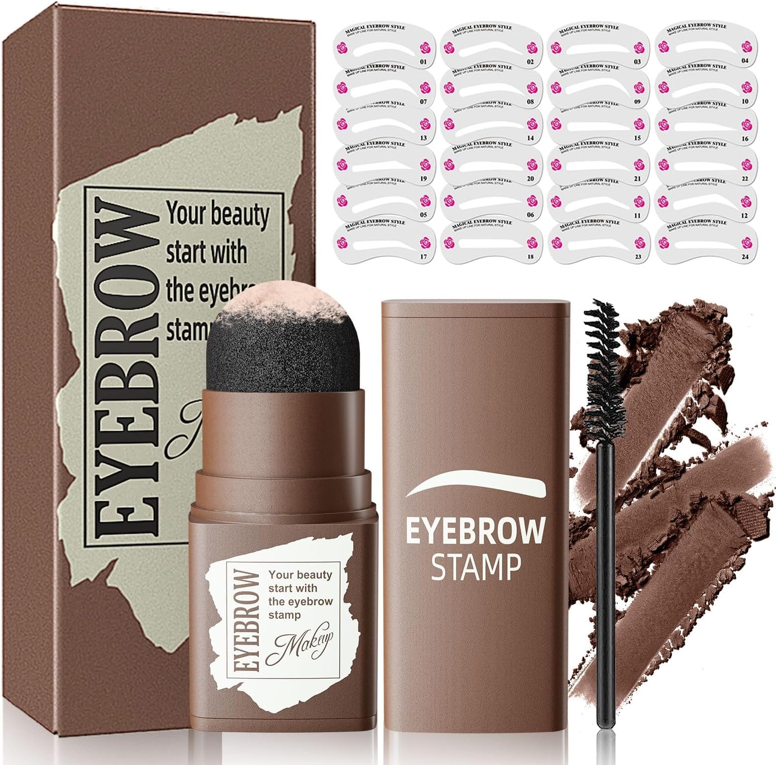 Eyebrow Stamp and Eyebrow Stencil Kit, Eyebrow Powder with 24 Reusable Eyebrow Stencils Kit for Beginners to Natural Brow, 1 Step Brow Stamp Kit Smudge-Proof & Long-lasting & Waterproof (Dark Brown)