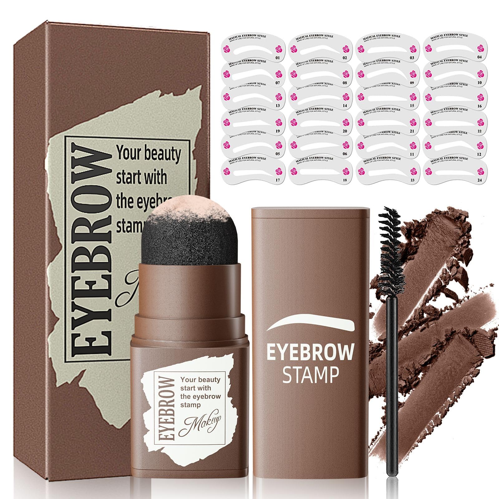 Eyebrow Stamp and Eyebrow Stencil Kit, Eyebrow Powder with 24 Reusable Eyebrow Stencils Kit for Beginners to Natural Brow, 1 Step Brow Stamp Kit Smudge-Proof & Long-lasting & Waterproof (Dark Brown)
