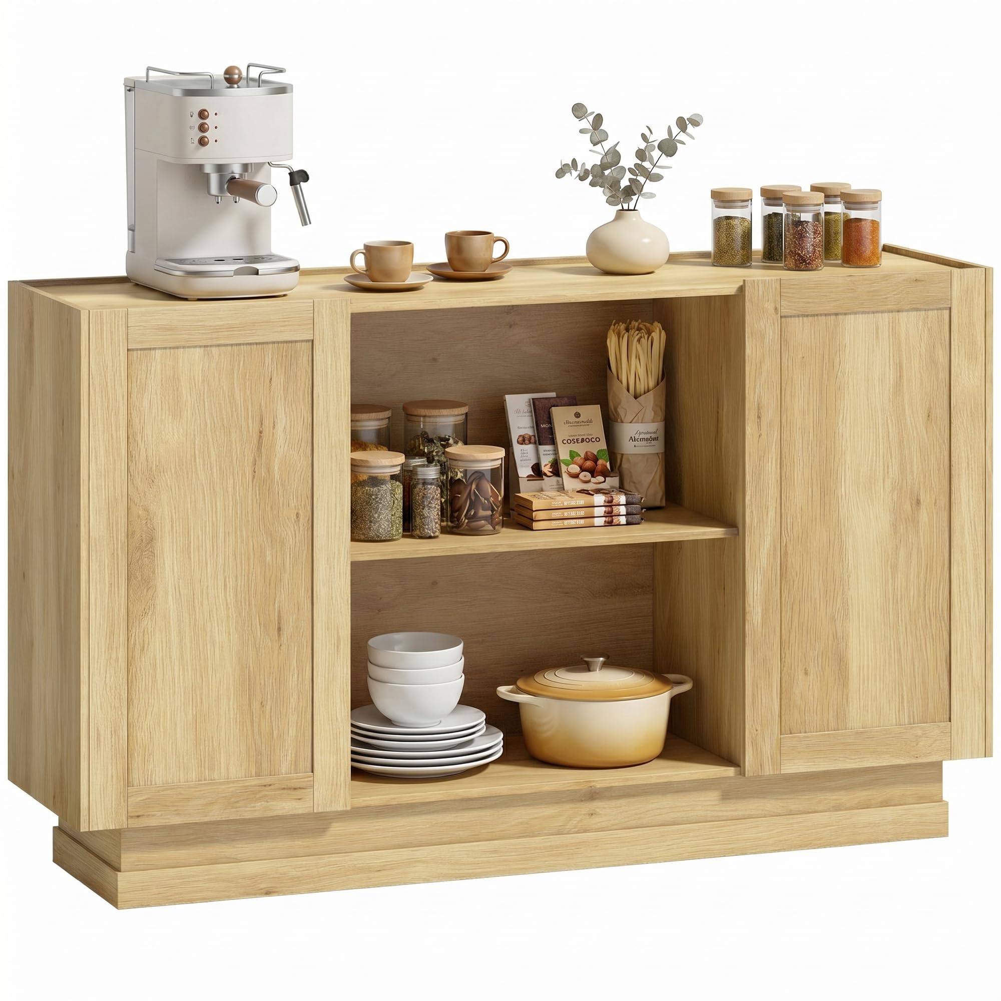HOMCOM Sideboard Buffet Cabinet 133 cm, 2 Open Shelves, Natural Wood Finish