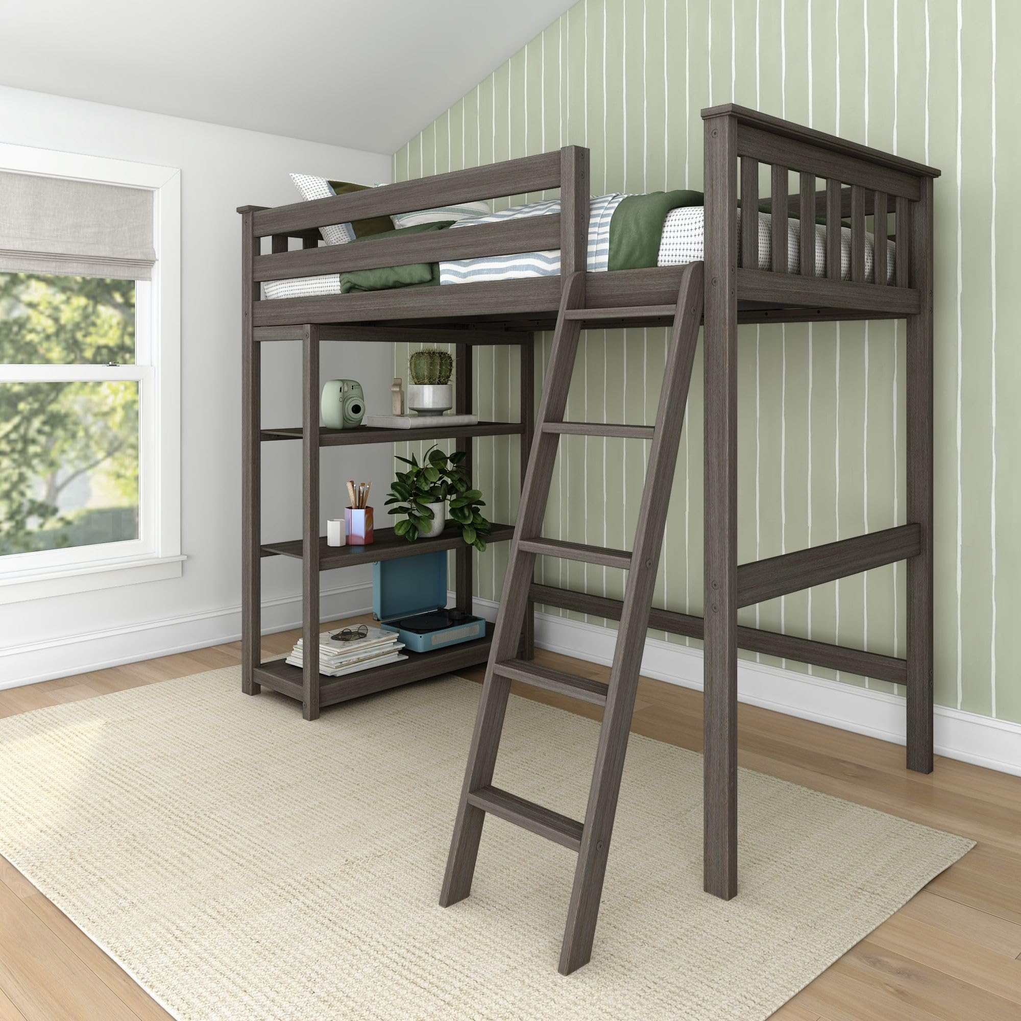 Max & Lily High Loft Bed, Twin Bed Frame For Kids With Bookcase, Clay