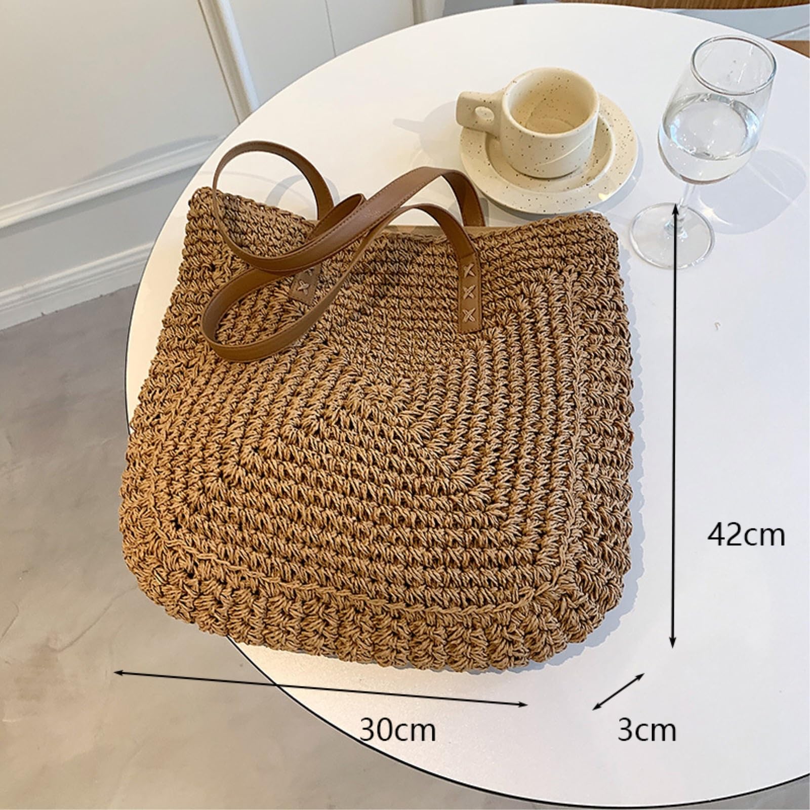 Strohtasche Damen Handgewebte Stroh Strandtasche, Große Kapazität Schultertasche, Frauen Reise Einkaufstasche-Khaki