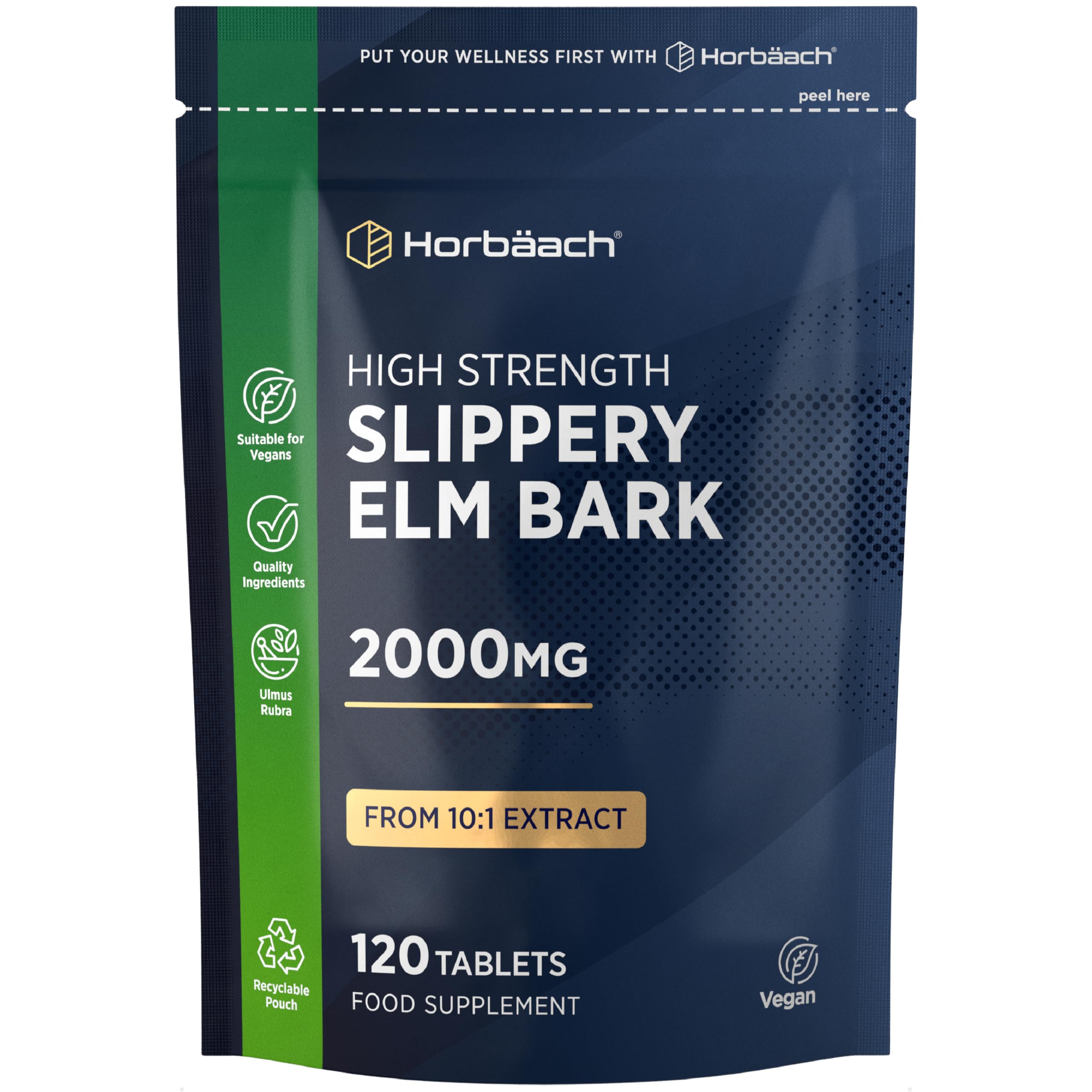 Slippery Elm Tablets 2000mg | High Strength Slippery Elm Bark Extract | 120 Count | by Horbaach