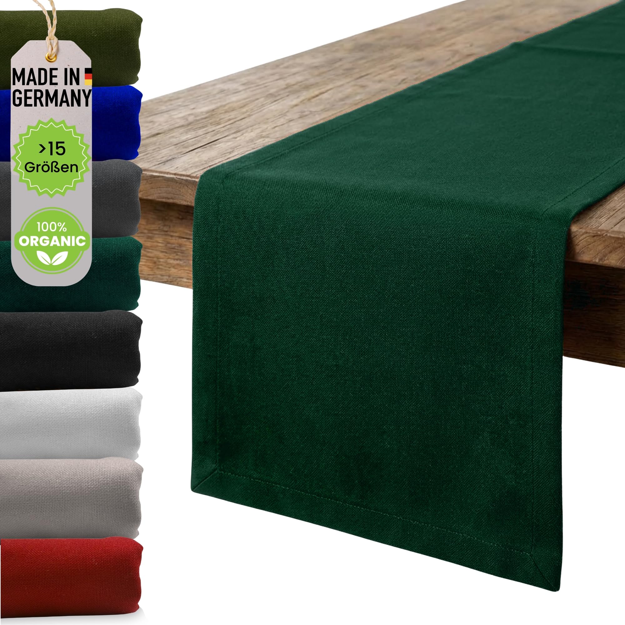 chambry Premium Tischläufer 100% Baumwolle (Canvas) - Handarbeit Made in Germany - nachhaltige hochwertige Tischdekoration - Grün 45cm x 360cm
